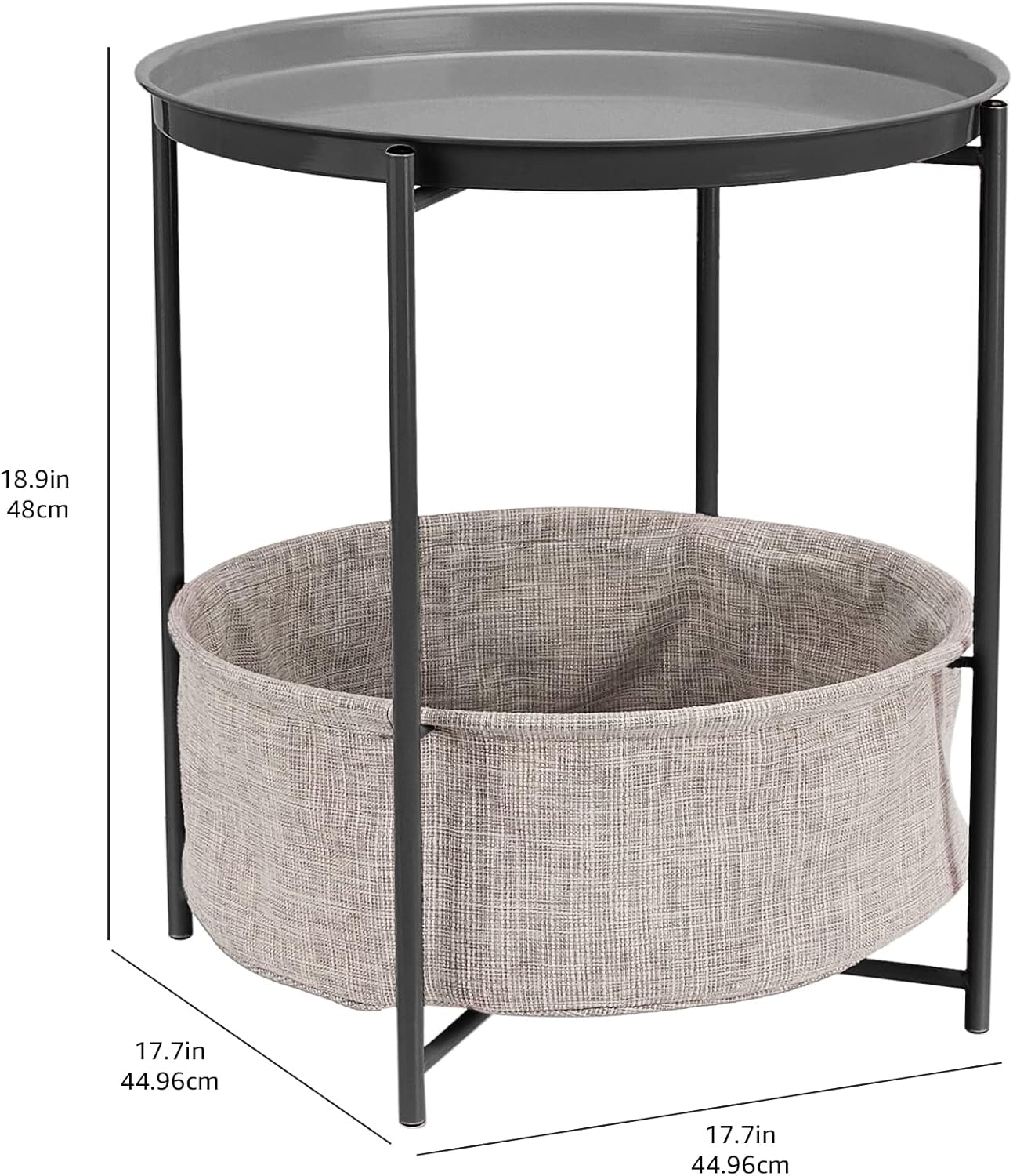 Amazon Basics Round Storage End Table, Nightstand for Bedroom or Living Room, Easy Assembly, with Cloth Basket, Charcoal/Heather Gray, 17.7 x 17.7 x 18.9 in | Side Table, with Cloth Basket, Storage