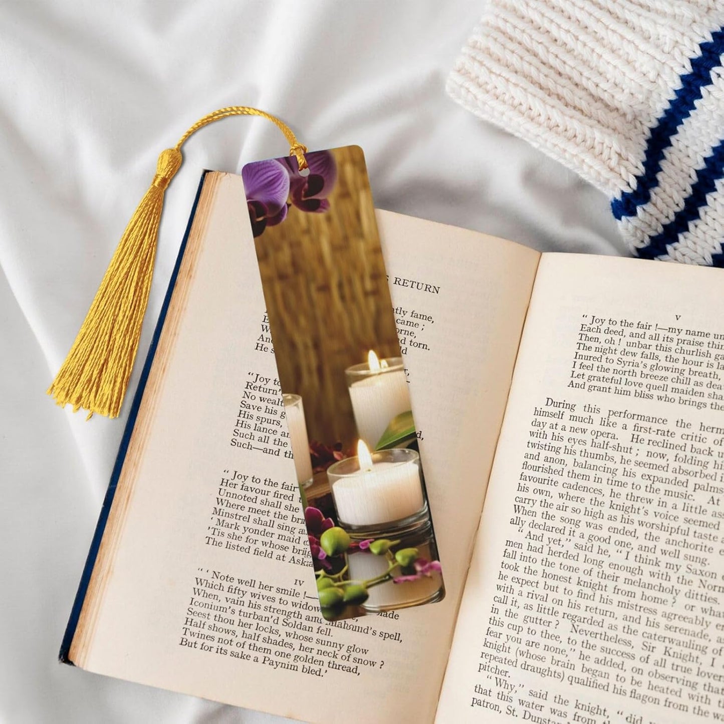 Candles and Orchids Bookmark Ornament, Wooden Bookmarks with Tassel, Book Mark for Book Lovers Page Markers Reading Gifts for Women Men Handmade Wood Bookmark Tag Label