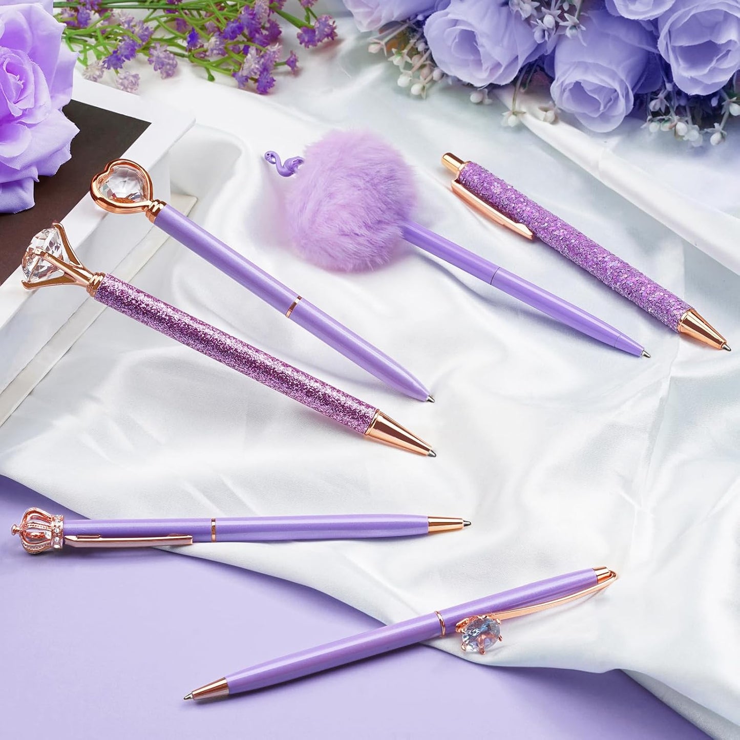 WEMATE 8Pcs Purple Pens, Metal Crystal Diamond Pen with Black & Blue Ink, Pens for Journaling, Office Supplies Fancy Pens for Women, Back to School Supplies for Girls Birthday (Purple)