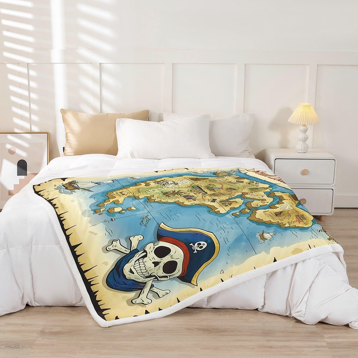 Feelyou Vintage Nautical Throw Blanket for Kids Boys Teens Pirate Treasure Map Blanket Skull Island Fleece Blankets Sea Adventure Sherpa Blanket,Room Decor Plush Blankets Throw 50"x60"