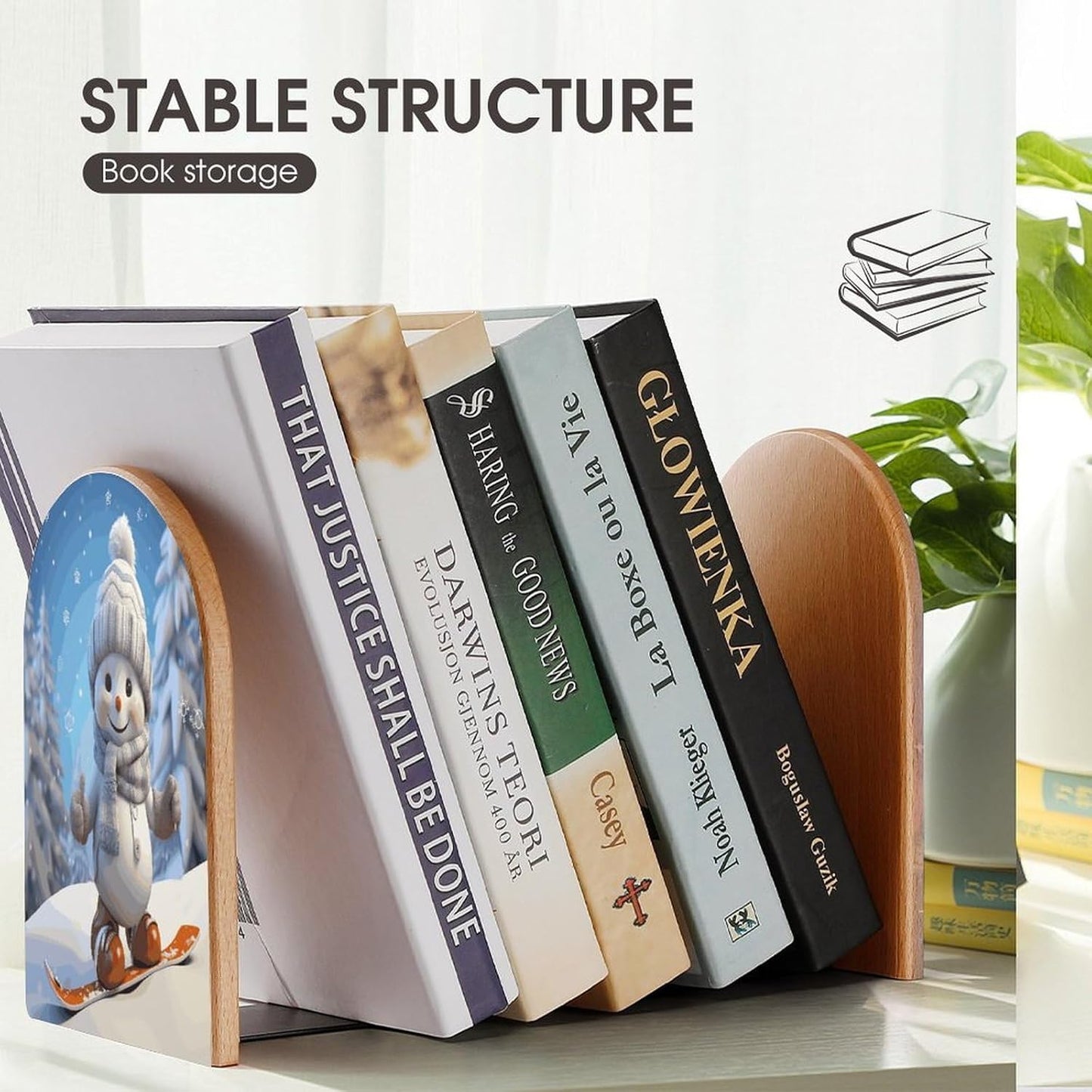 Non-Slip Bookend for Shelves Cute Snowboard Snowman Wooden Bookends with Metal Base Decorative Book Stopper for Home Heavy Duty Wood Book Storage for Books/CDs