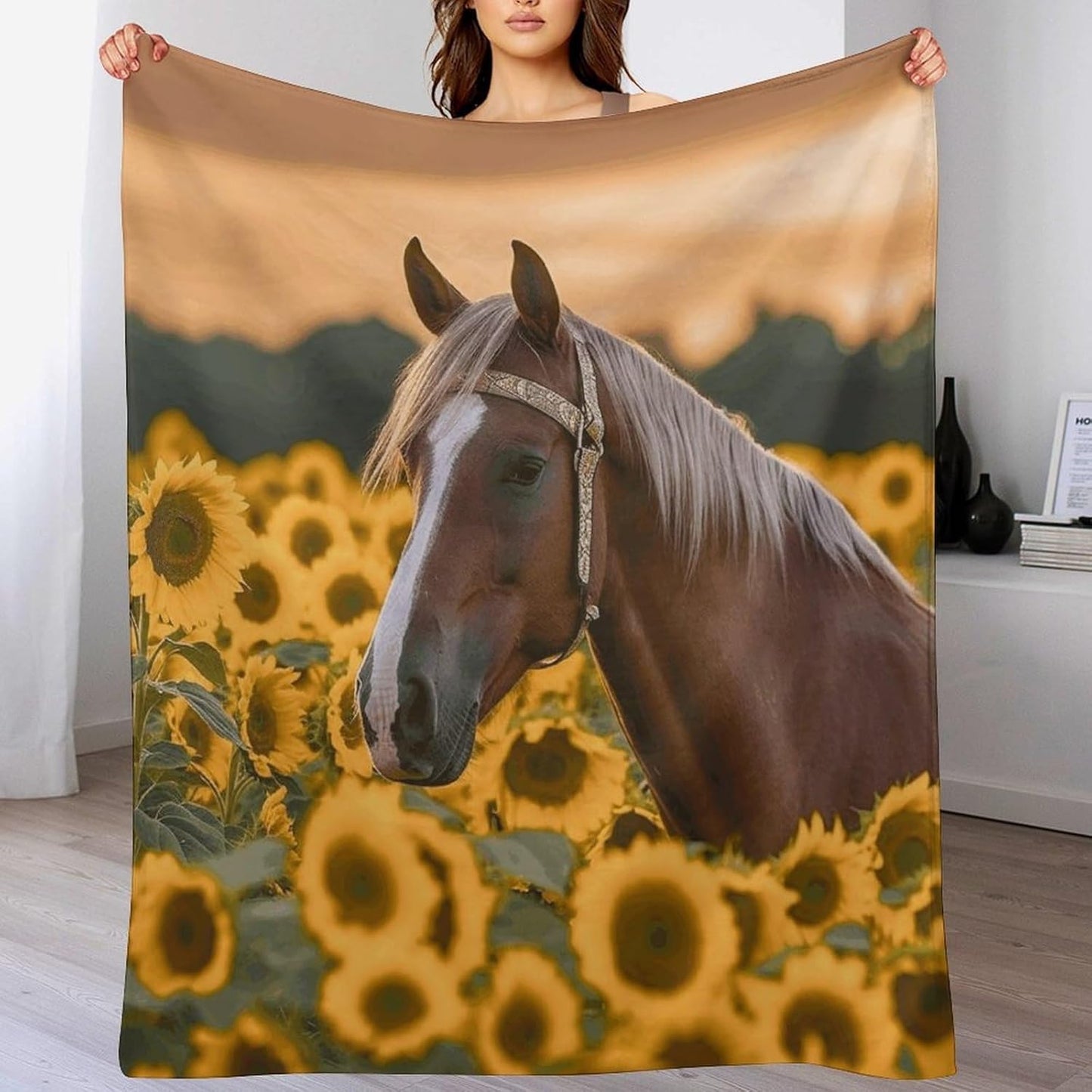 Yellow Sunflower Horse Throw Blanket for Couch Super Soft Warm Lightweight Throw Blankets Cozy Flannel Bed Blanket Cute Decorative Blankets for All Seasons Home Decor Gift 30"*40"（76 * 100cm）
