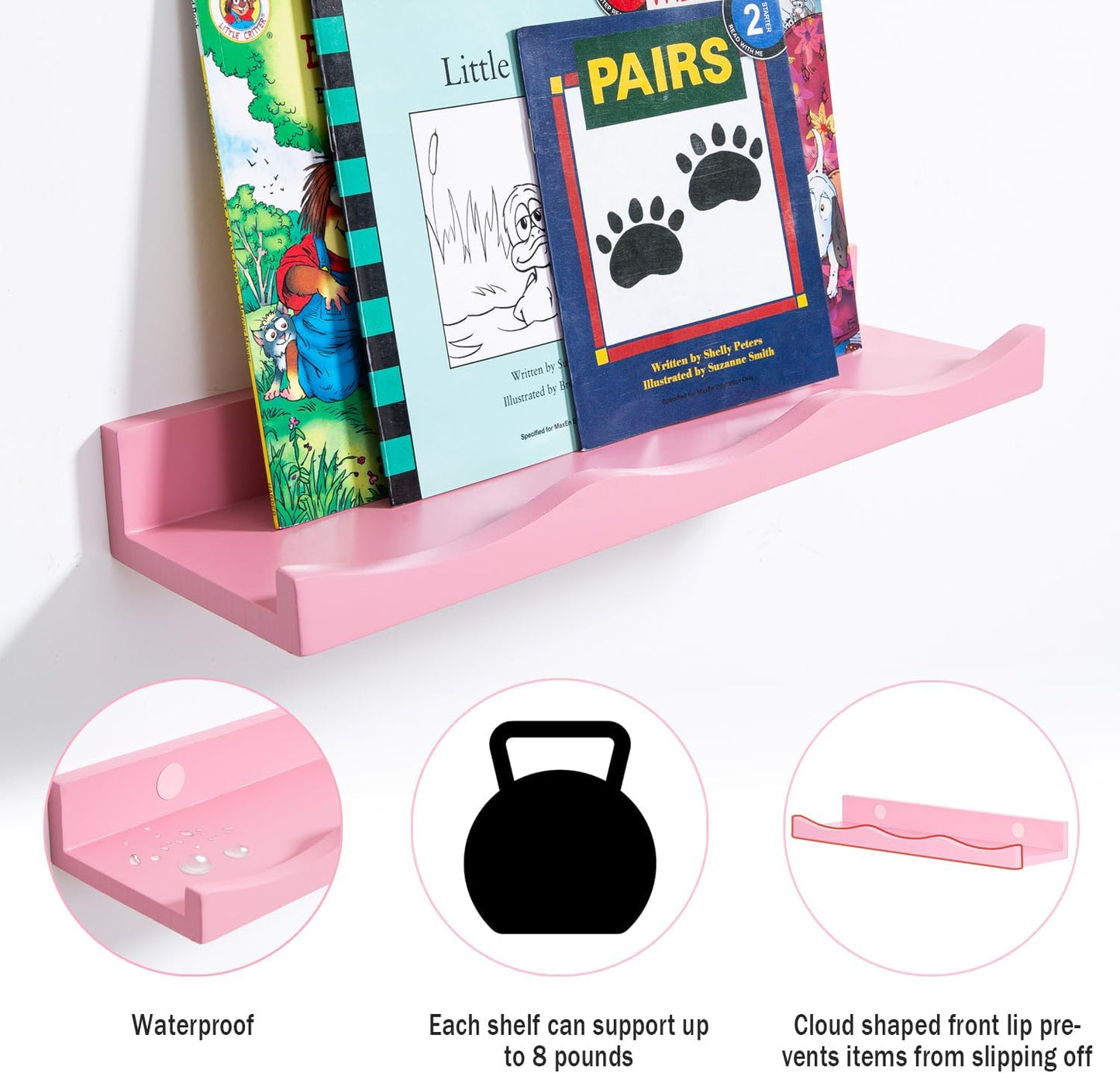 AZSKY Floating Bookshelf for Kids, Floating Shelves for Wall Cloud Picture Ledge Shelf Pink 16 Inches Nursery Book Shelves Set 3, Baby Book Shelf for Kids Room, Toddler Room, Baby Room, Nursery Decor