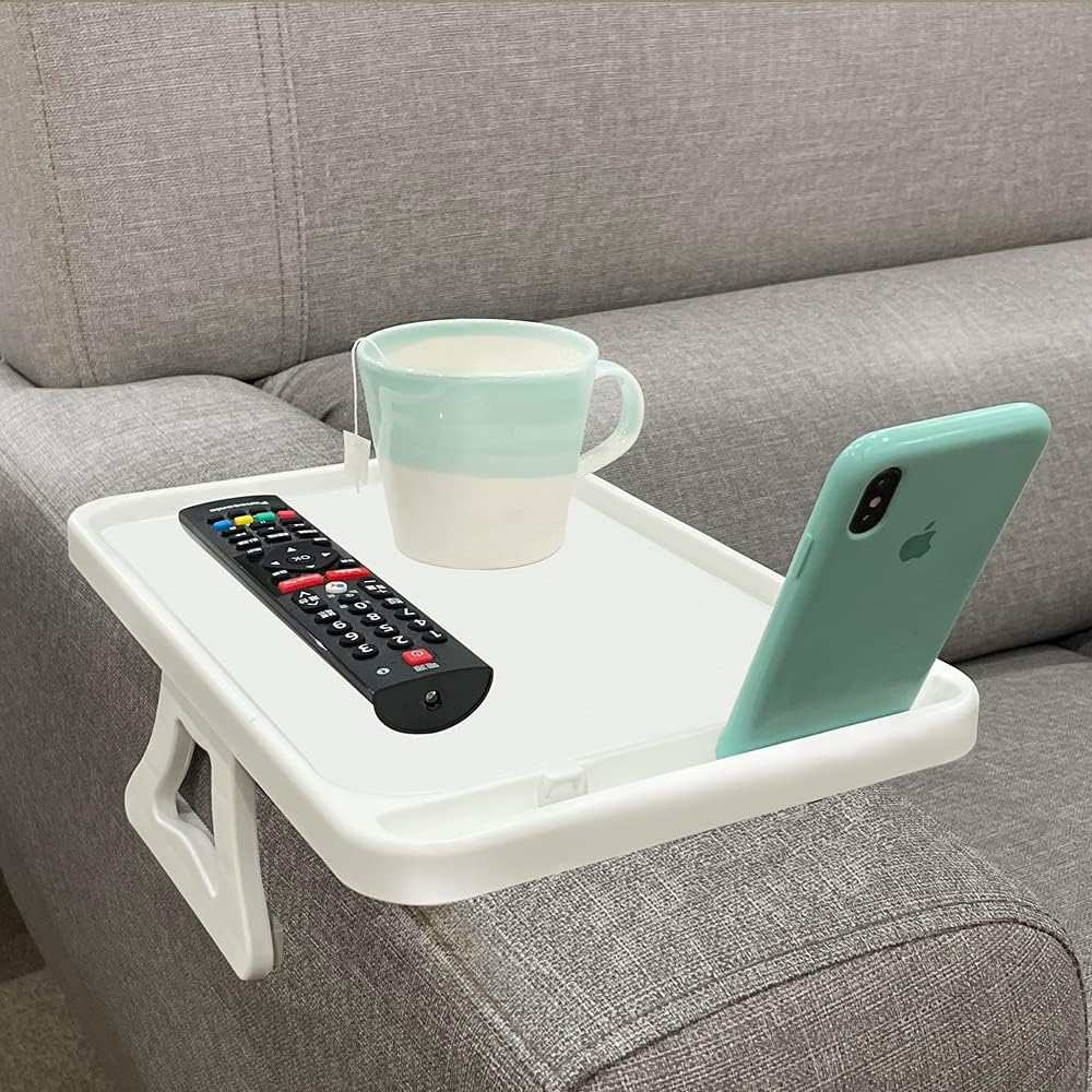 Xchouxer Sofa Armrest Clip Table, TV Snack Tray, Handy Remote Controls/Drinks/Phone Holder (White)