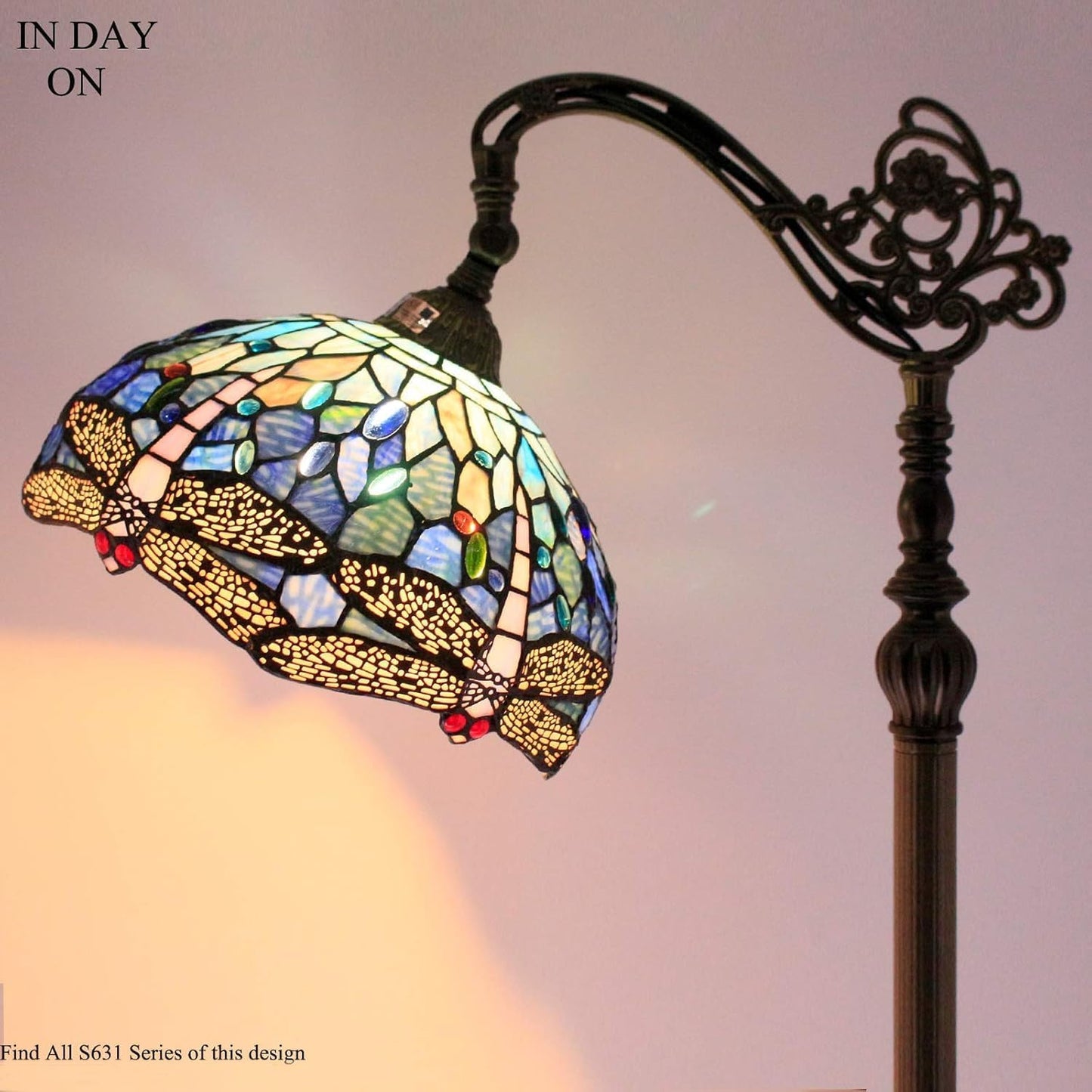 WERFACTORY Tiffany Floor Lamp Blue Stained Glass Dragonfly Arched Lamp 12X18X64 Inches Gooseneck Adjustable Corner Standing Reading Light Decor Bedroom Living Room S631 Series