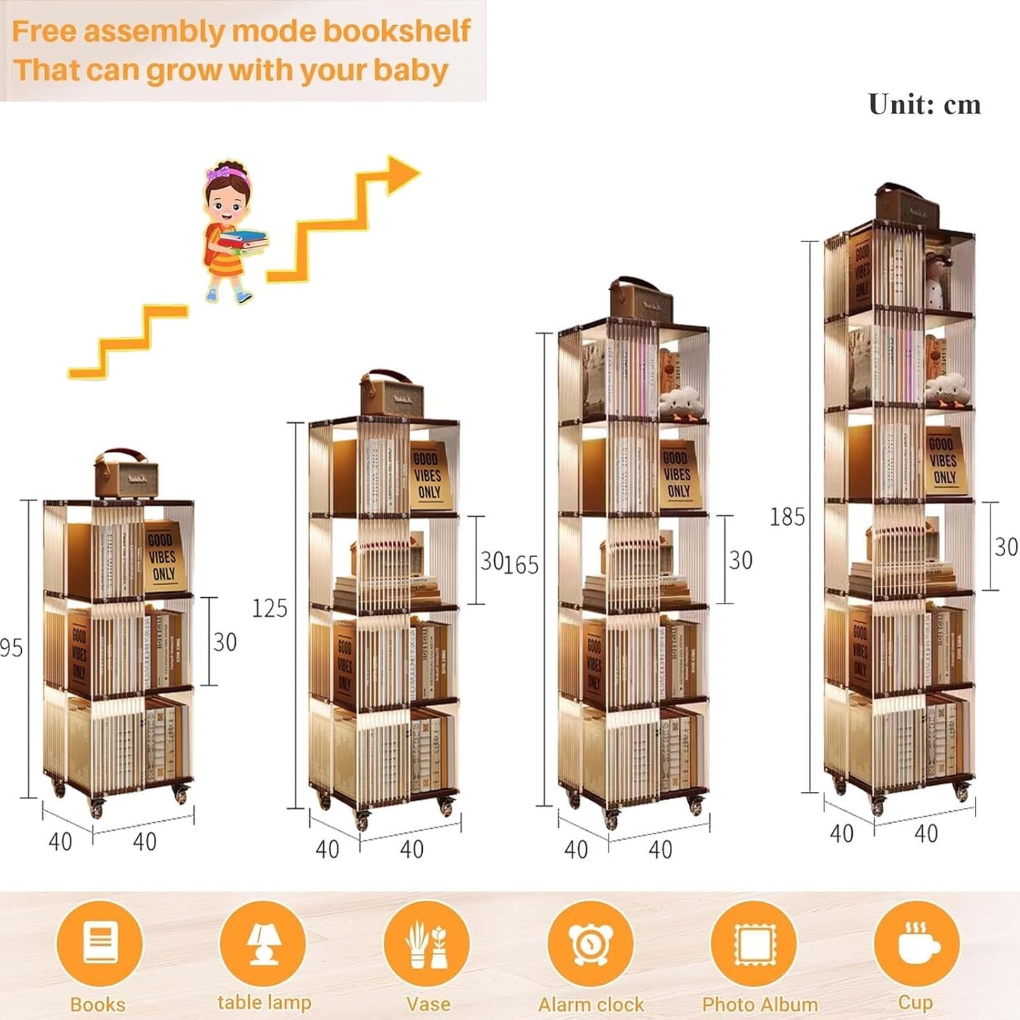 3/4/5/6 Tier Rotating Bookshelf Tower 360° Floor Standing Bookcase Storage Rack 360 Degree Revolving Bookcase Transparent Acrylic Bookshelf Rotating Bookcase With Wheels For Bedroom, Living Room(Fully