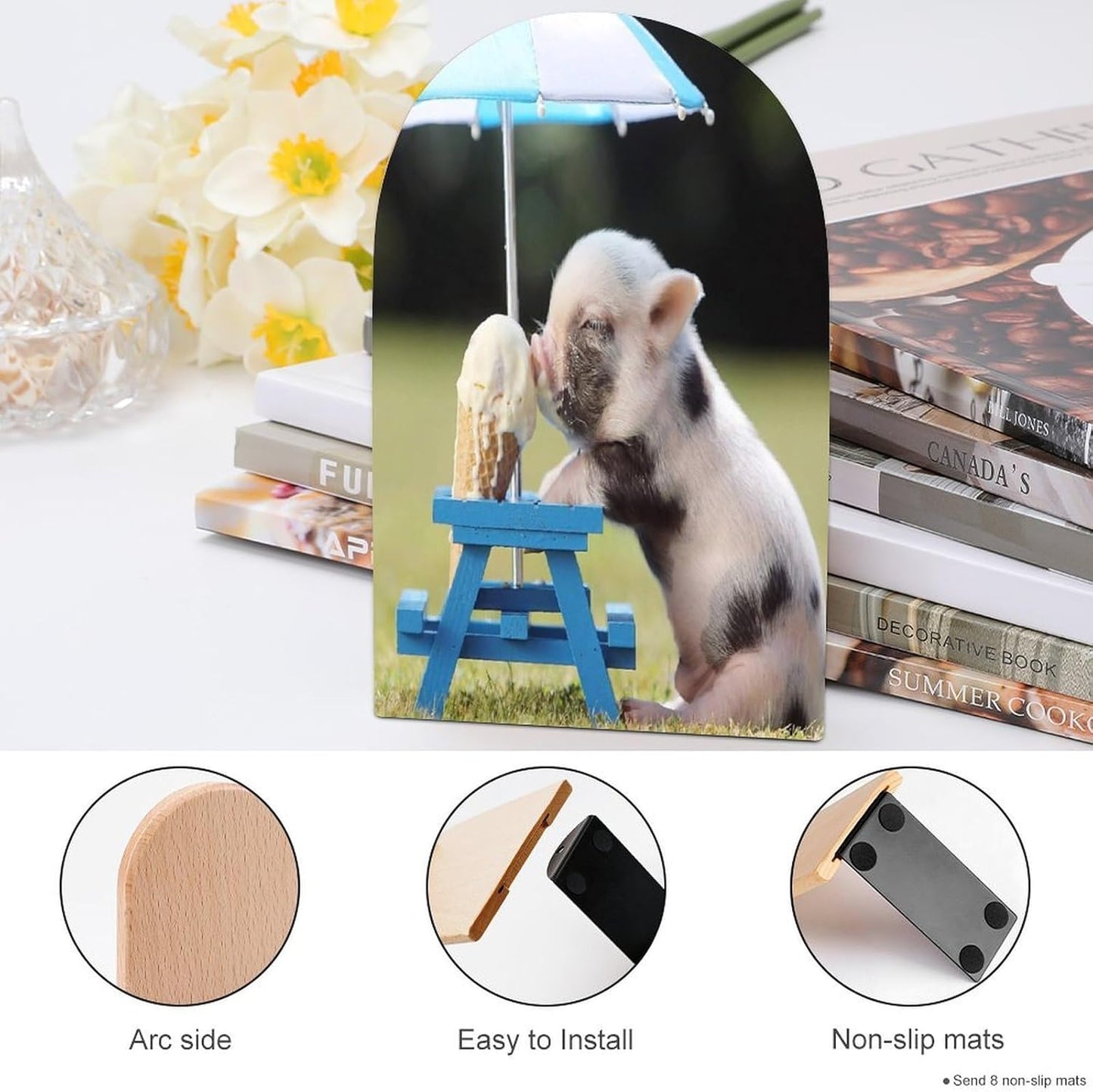 Pigs Eating Ice Cream Wooden Bookend Non-Slip Book Ends Heavy Duty Book Stopper with Metal Base Books Holderd Decorative Bookends Stands Firmly for Office Supplies