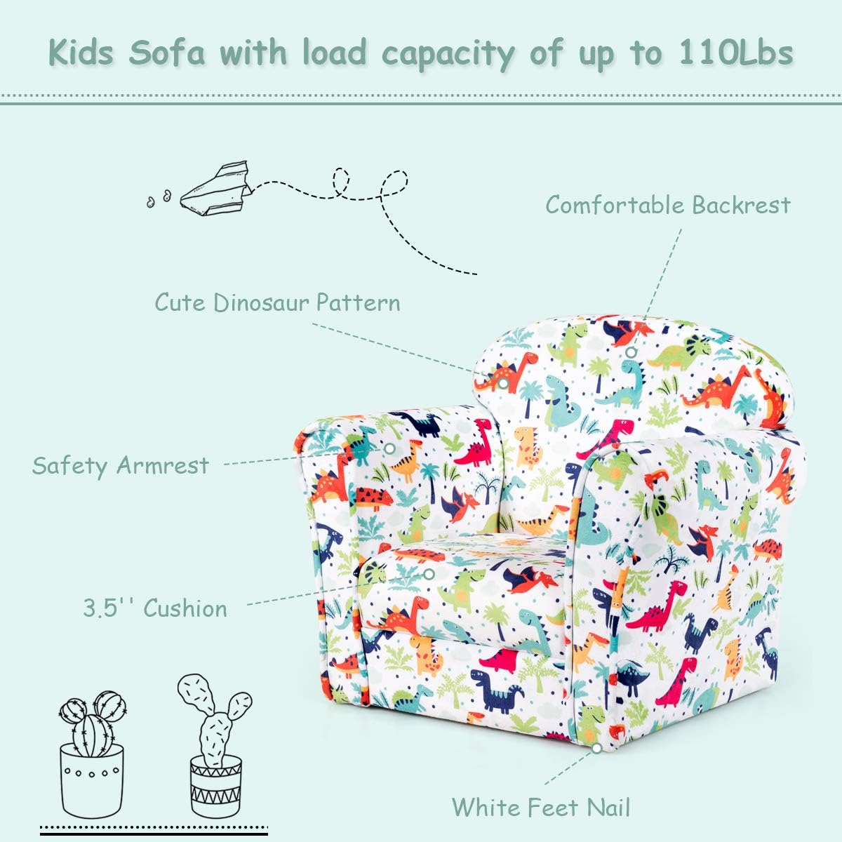 GLACER Kids Sofa, Toddler Couch Chair for Boys and Girls, Lightweight Baby Sofa Chair Children Armchair with Dinosaur Pattern, Sturdy Wood Construction