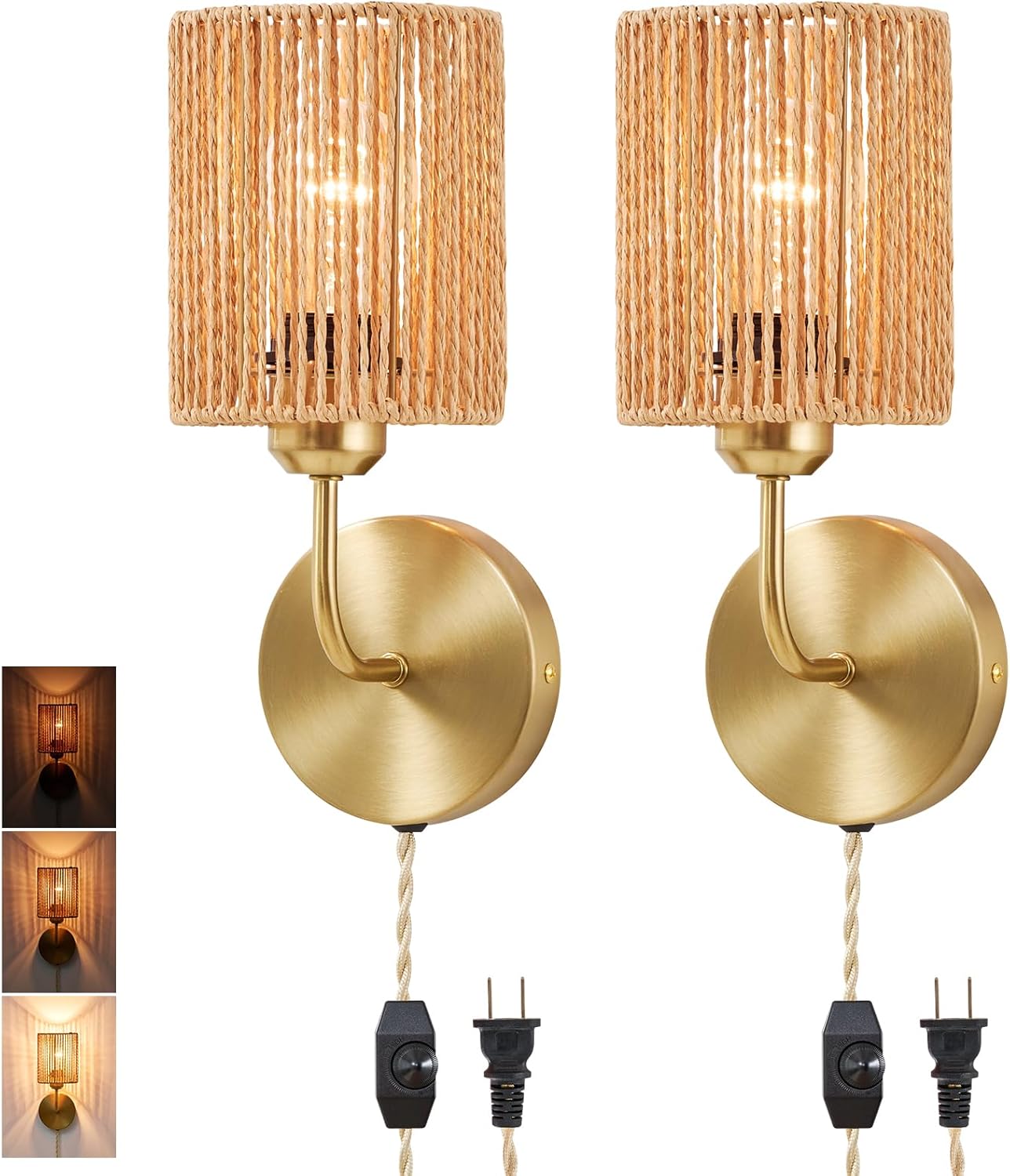 Wall Sconce Light Plug In Set of 2, Stepless Brightness Hand Woven Rattan Wall Light with Dimmable ON/OFF Cord Switch, Gold Brass Metal Wall Mounted Light, Boho Lamp for Bedside Bedroom Living Room