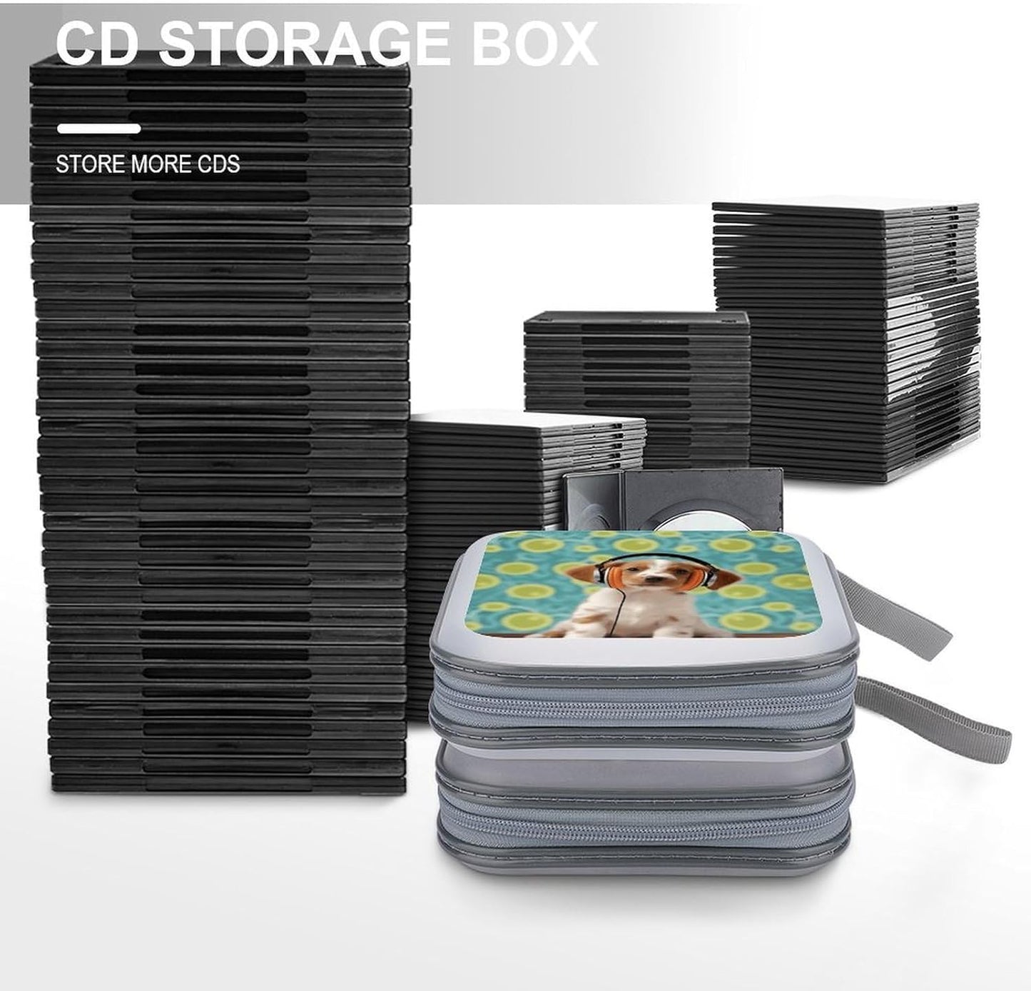 Puppy with Headphones CD Case 40 Capacity Case Zipper CD Collection Bag with Handles Cover DVD Storage Hard Plastic DVD Disc Cases Storage Binder for Car Home Office Travel