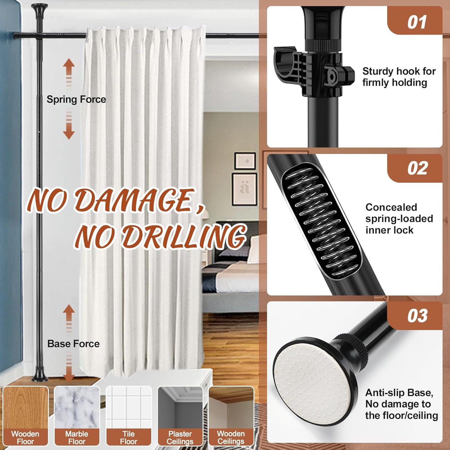 Room Divider for Wide Space Partitions, Curtain Rods No Drilling for Room Separation, 28-171inch(W) 4-10ft(H) Adjustable Heavy Duty Floor to Ceiling Tension Rod Room Dividers, Matte Black