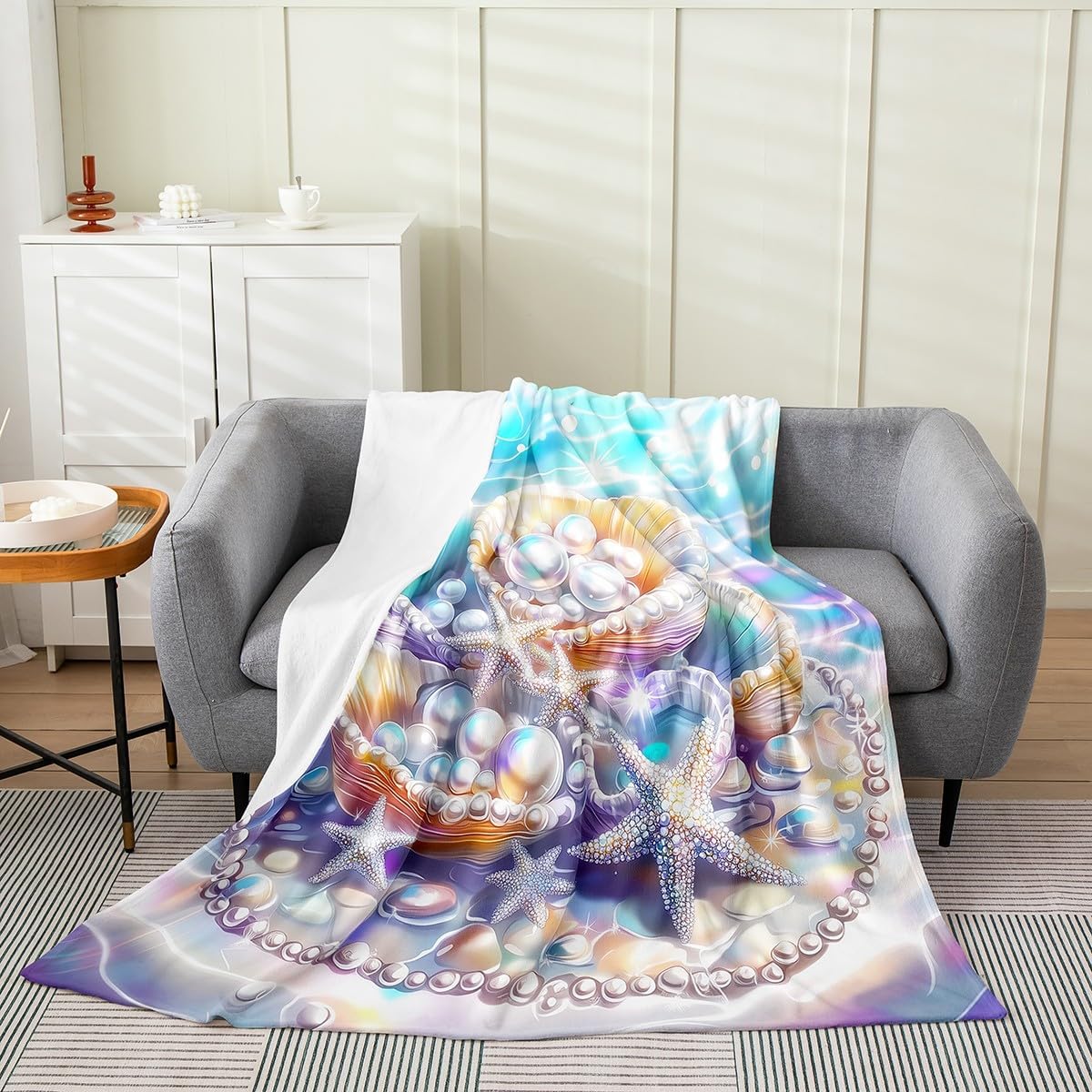 Starfish Pearl Shell Conch Bed Blanket All Seasons,Coastal Style Flannel Blanket for Room Decor,Beach Fleece Blanket for Kids,Super Soft Blanket,Twin 60"x80"