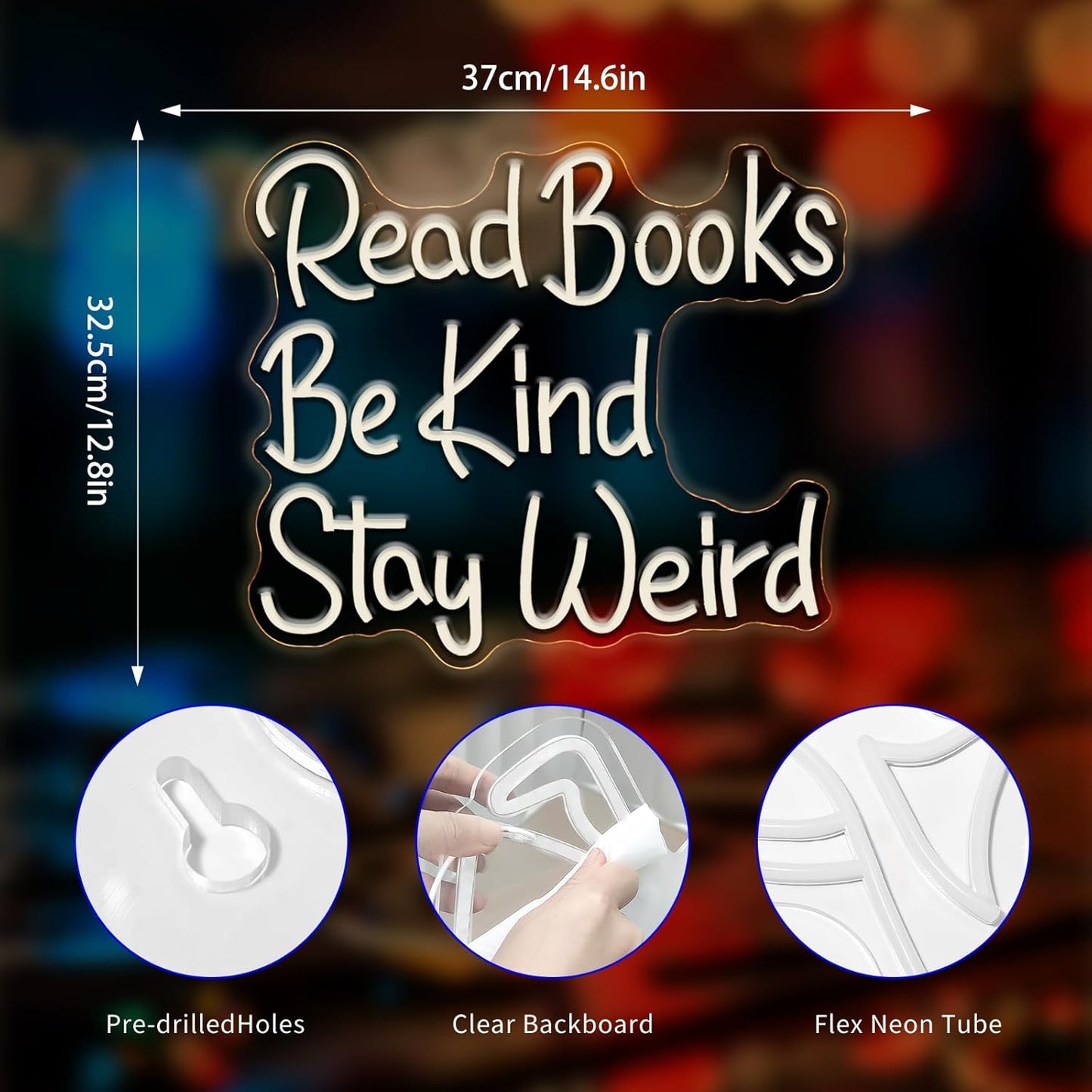 Neon Sign, Read Books Be Kind Stay Weird Neon Signs for Wall Decor Warm White LED Neon Light Up Signs Home Decor for Study Room Bookstore Bedroom Business Club Decoration USB Operated