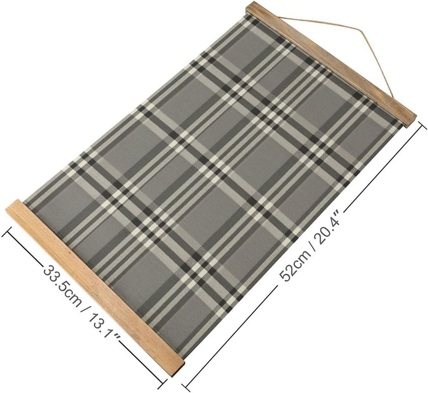 Vintage Gray Plaid Lines Poster with Wooden Frame Personalized Linen Hanging Scroll Painting Rustic Wall Hanging Illustrative Modern Artwork Decor for Home Living Room Bedroom Office