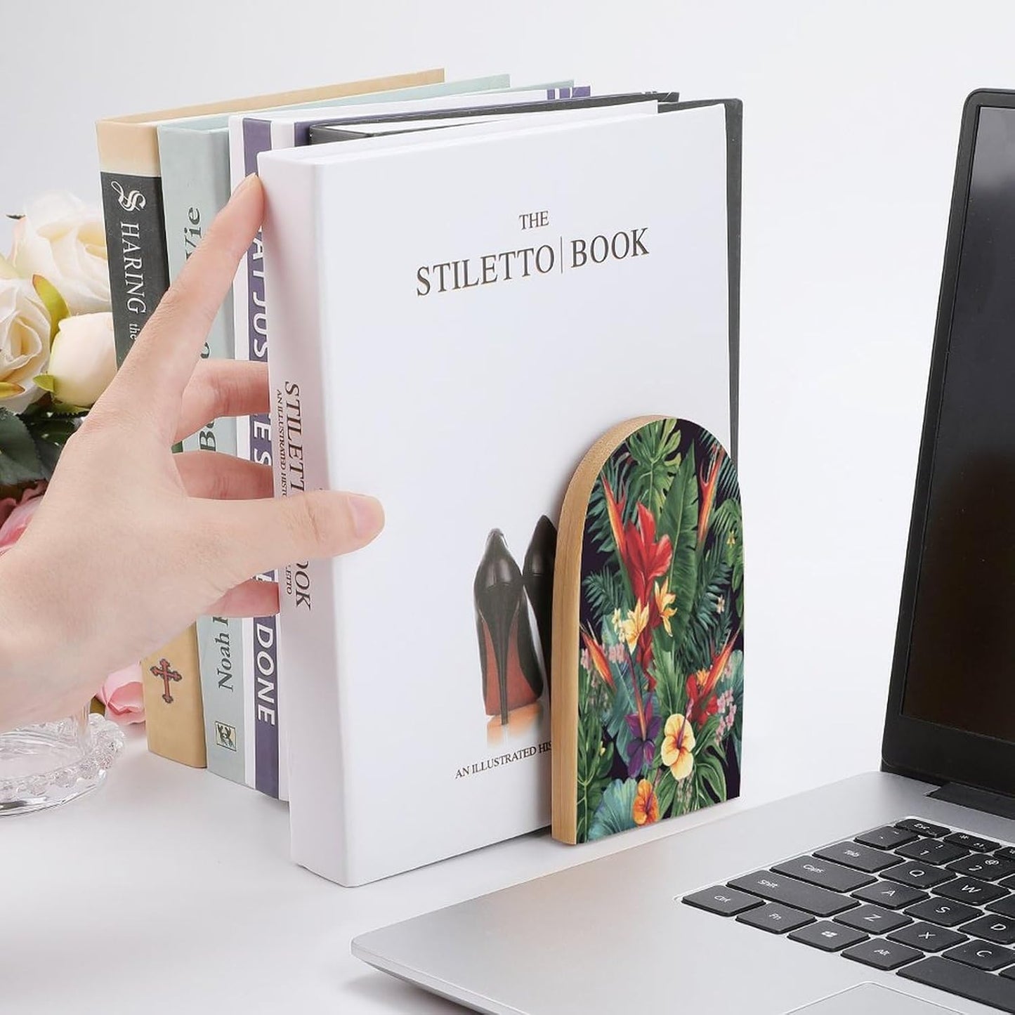 Tropical Plant Flowers Bookends 1 Pair Heavy Duty Book Ends for Shelves Non-Skid Bookend Supports Wooden Book Holders with Metal Base Desk Organizers Books Storage to Hold Books