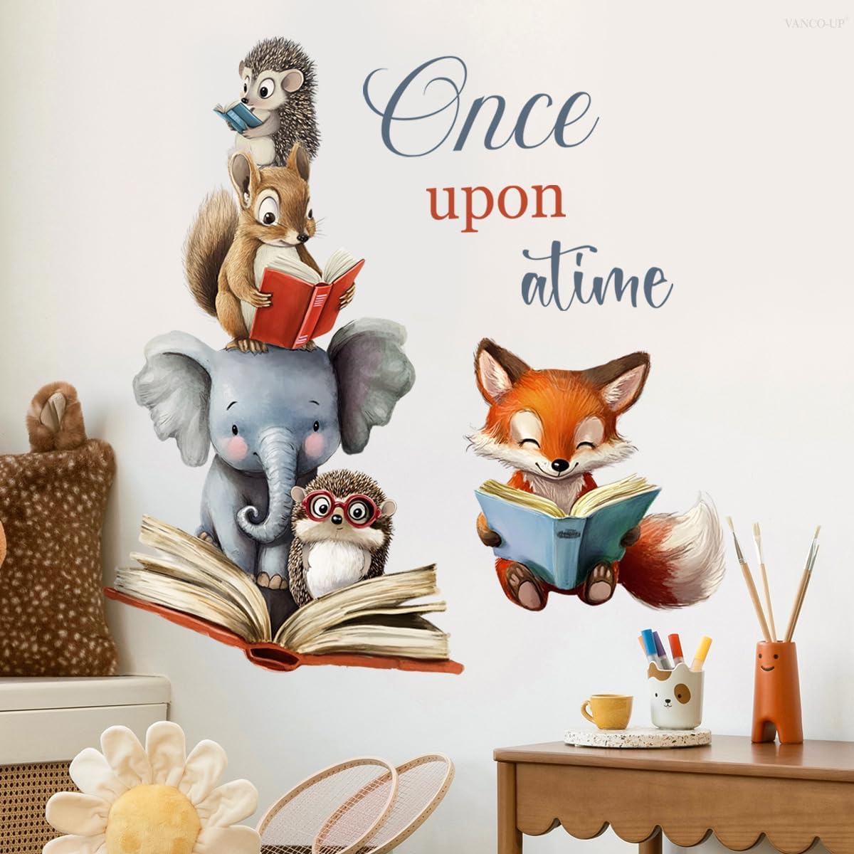 Once Upon a Time Wall Decal, Woodland Animals Reading Books Wall Stickers for Nursery Classroom Kids Bedroom Preschool Wall Decor, 31.10x27.95 inch, 2 Sheets