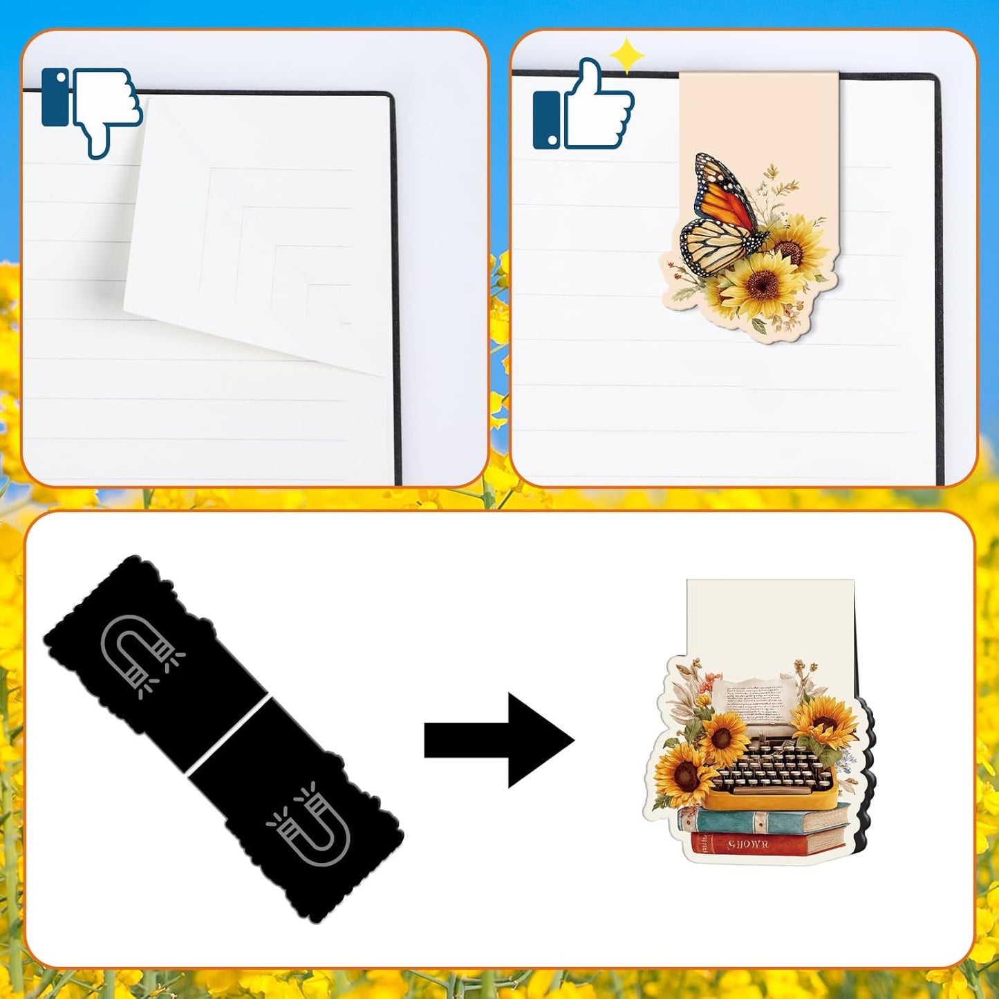 Vintage Sunflower Magnetic Bookmarks Gifts - 16 Pcs Wxiben Flower Highland Cow Magnet Book Page Markers Floral Bookmark Clips Gift for Book Lovers Students Teacher School Reading Office Supplies