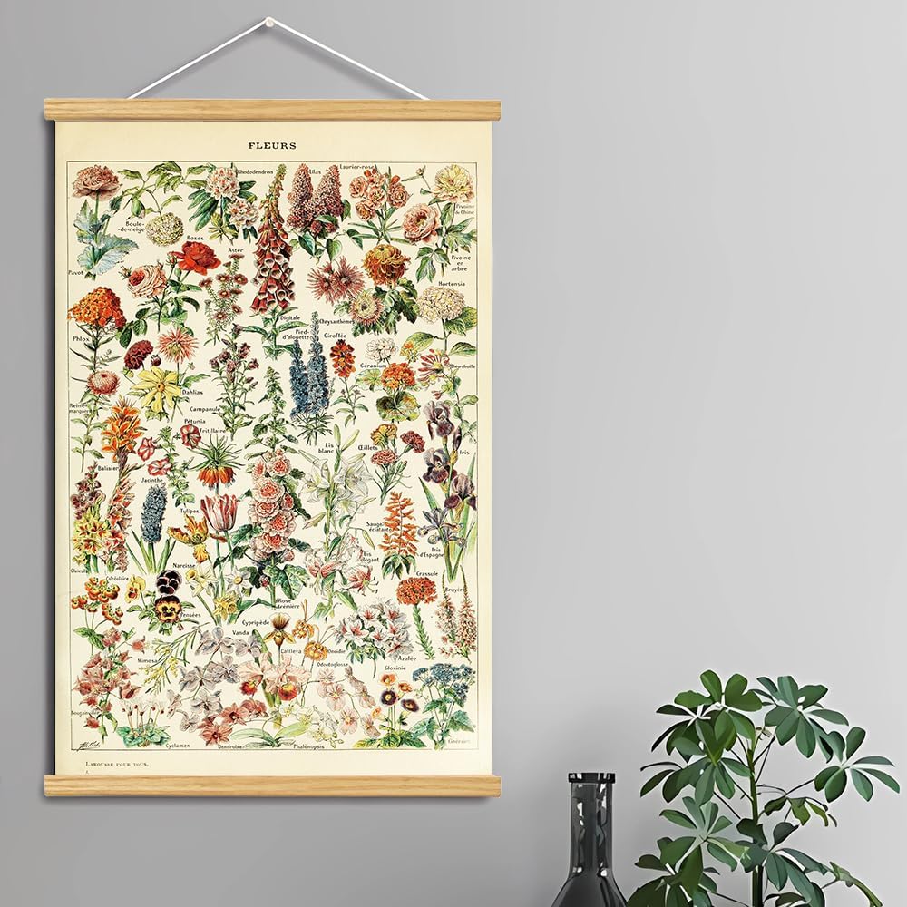 Vintage Flowers Poster Hanger Frame, Plant Floral Reference Chart Wall Decor Cottagecore Room Decor Aesthetic, Retro Style Wall Decor Art Painting Prints. (plant D, 18L x 12W)