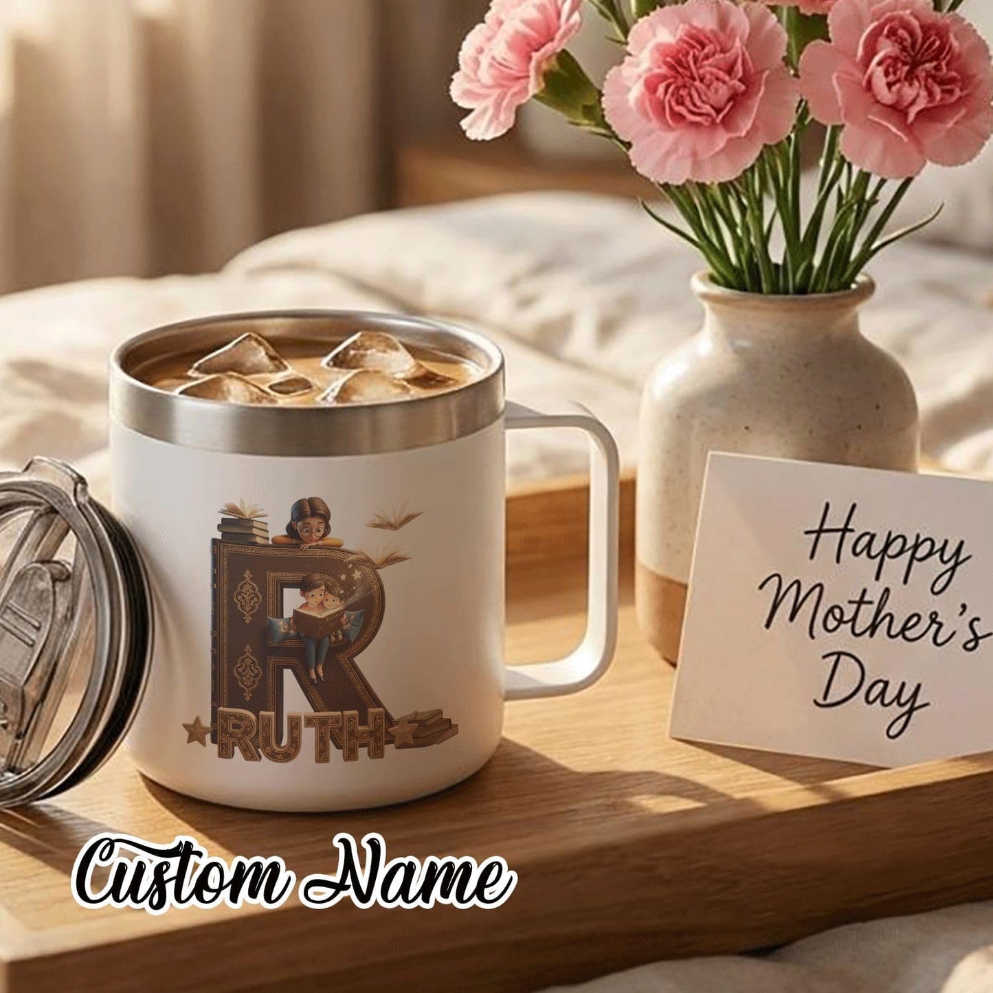 Personalized Ruth Gifts for Women Book Lovers - Initial R Monogram Coffee Mug with Lid and Handle, 14oz Insulated Stainless Steel Tumbler, Cute Book Themed Gifts for Readers, Her