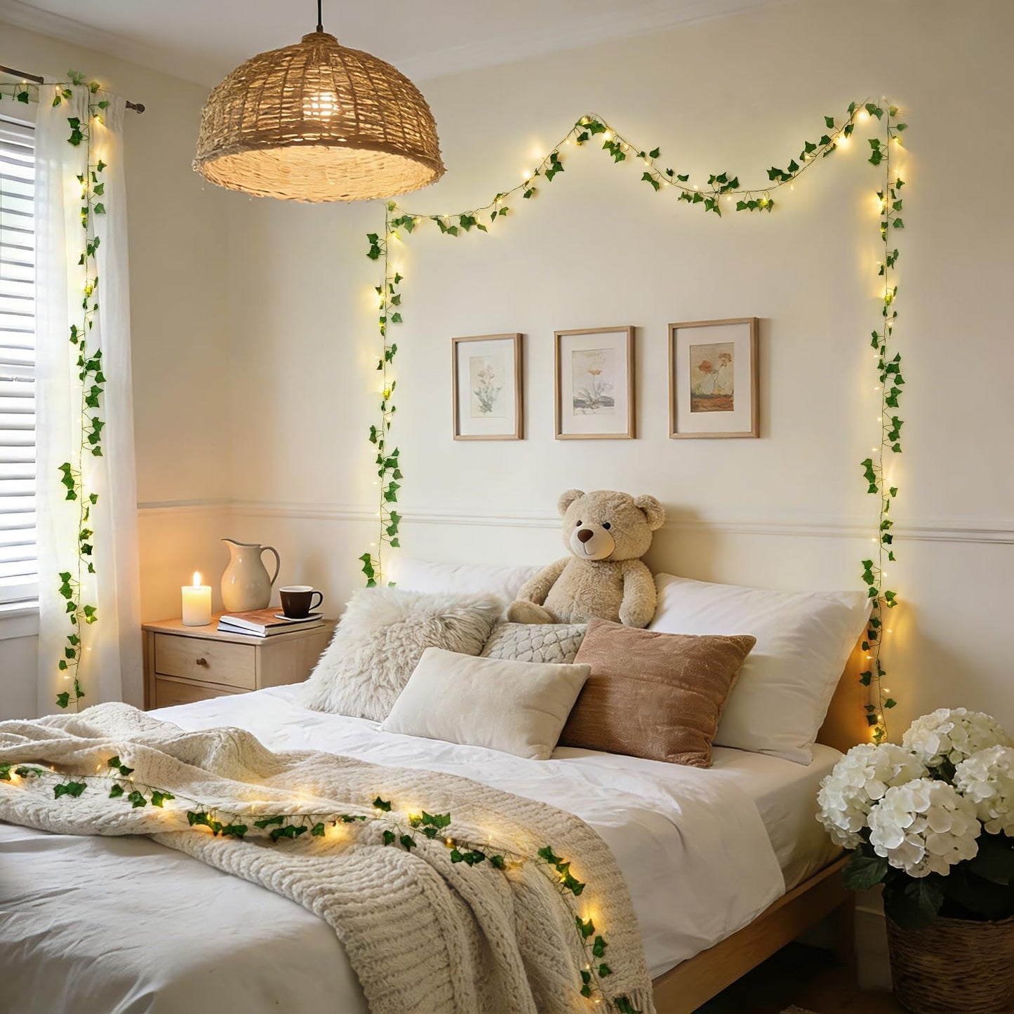 JMEXSUSS 100 LED Vines with Lights Plug in, Ivy Vines with Fairy Lights with Remote, 33 FT Leaf String Lights Waterproof for Room Bedroom Wall Fireplace Wedding Decoration（Warm White）