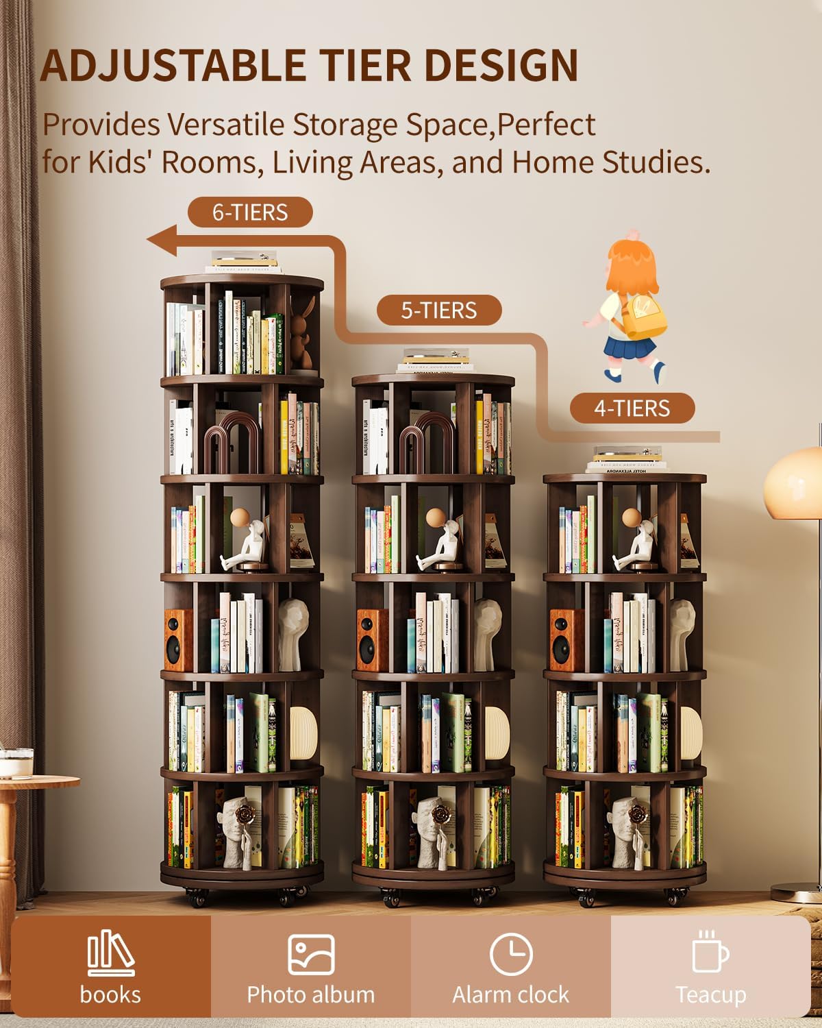 Saifu 4 Tier Wood Rotating Bookshelf on Wheels,Round Revolving Bookcase,360° Spinning Book Shelf Tower,Rolling Bookshelves for Small Space, Corner, Bedroom, Kids Room,Office, Walnut