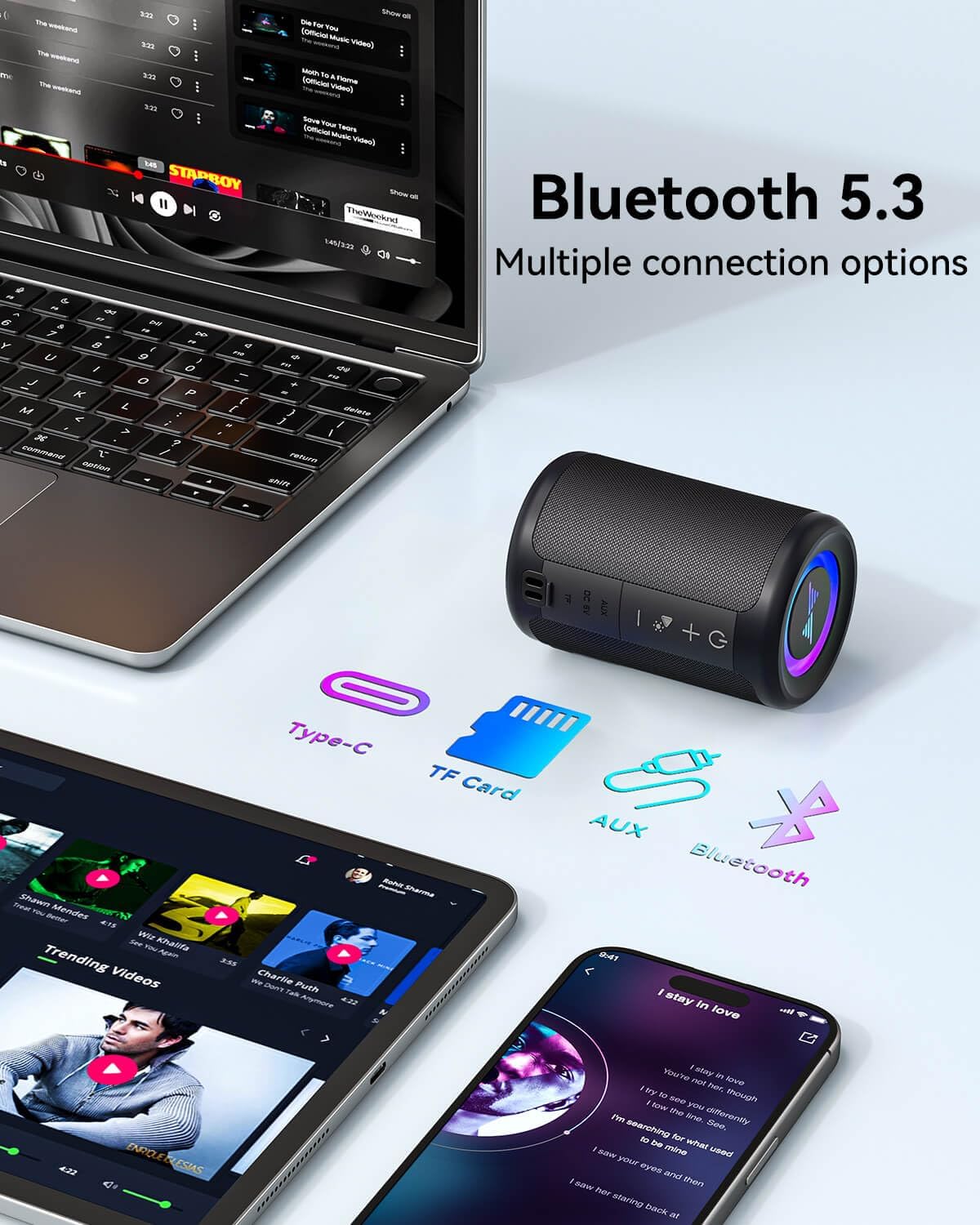 LENRUE Small Portable Bluetooth Speaker with Lights, TWS Stereo Surround Sound, Type C Powered, Bluetooth 5.3, AUX TF Card Input, Wireless for Outdoor Home, Coolest Gifts