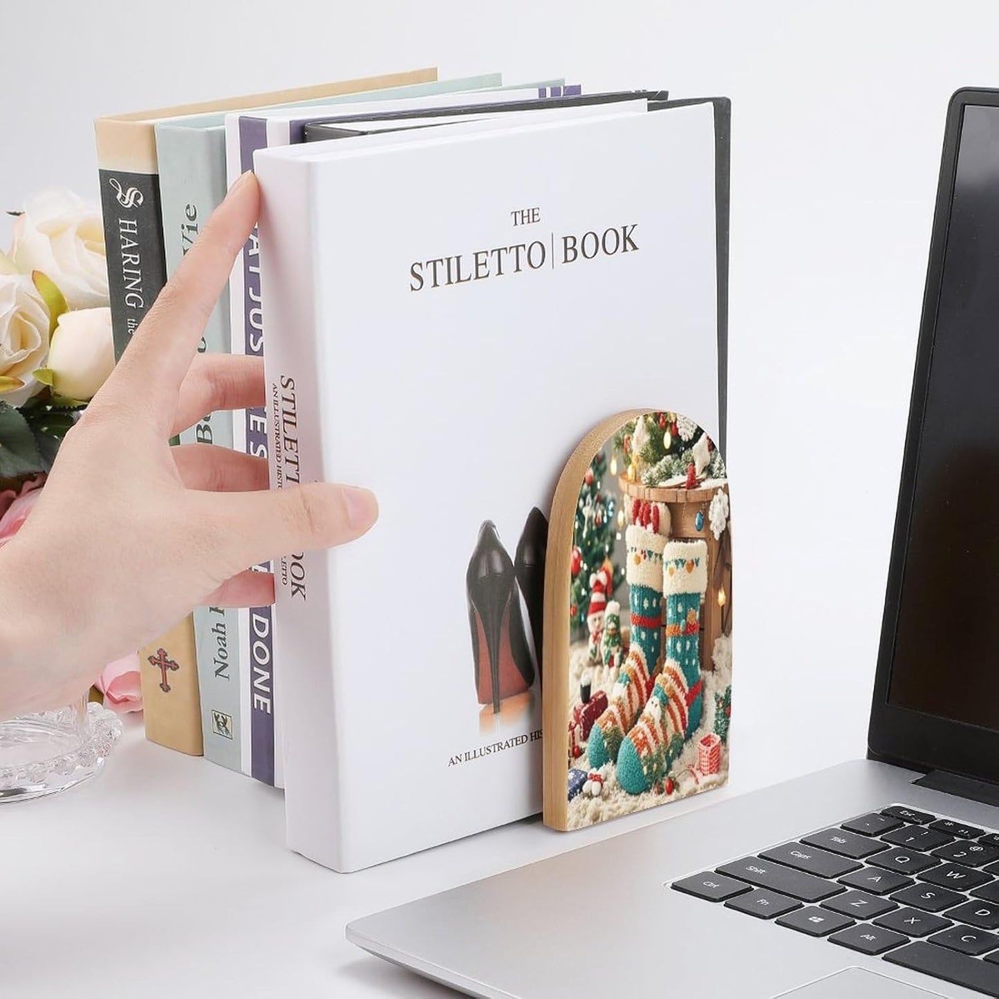 Cute Christmas Socks Bookends 1 Pair Heavy Duty Book Ends for Shelves Non-Skid Bookend Supports Wooden Book Holders with Metal Base Desk Organizers Books Storage to Hold Books