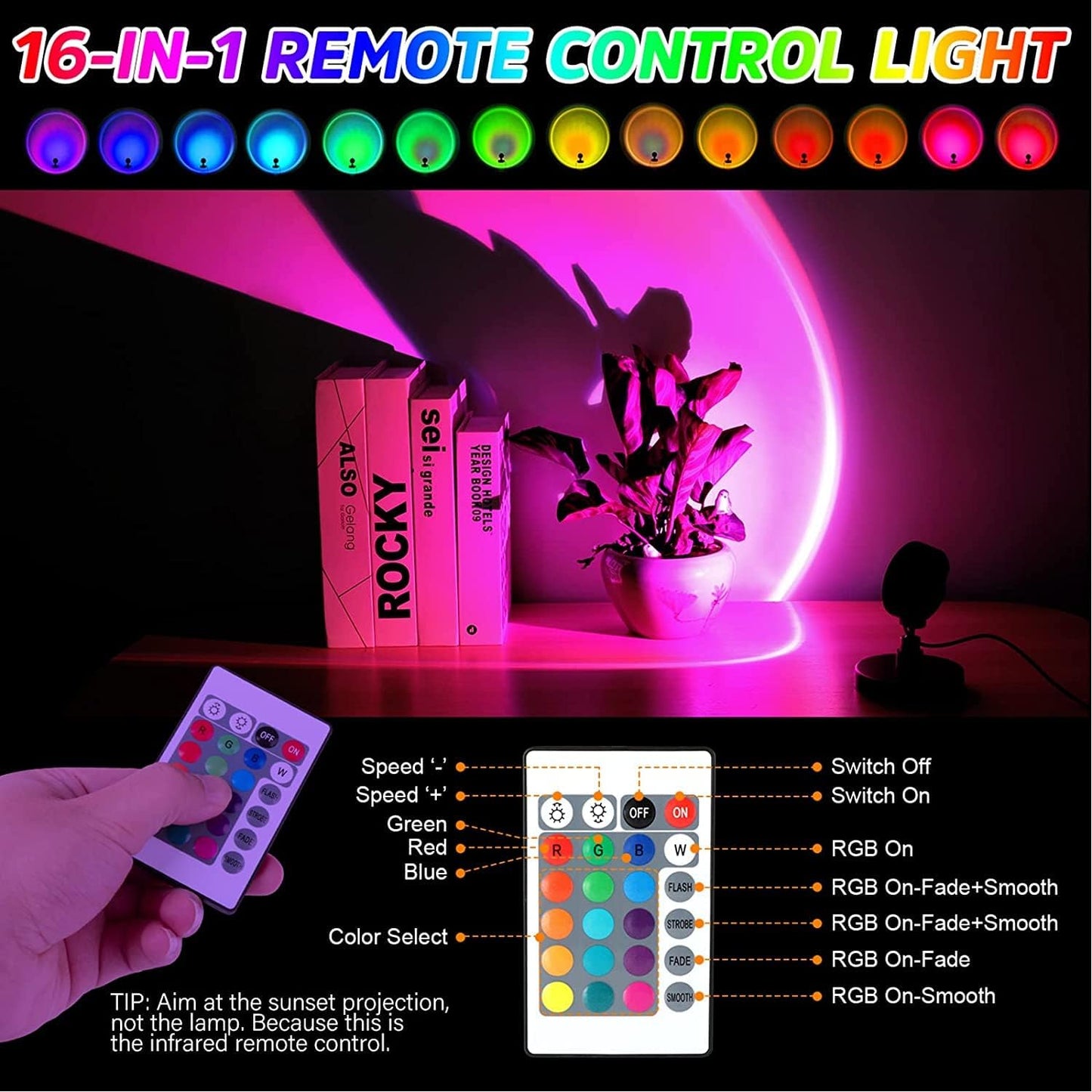 Balkwan Sunset Lamp Projection Rotation Rainbow Projection Lamp Led Romantic Visual Led Light Network Red Light with USB Modern Floor Stand Night Light Living Room Bedroom Décor (Multicoloured)