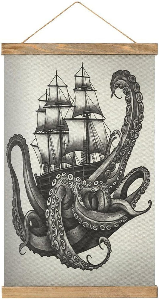 Vintage Black And White Octopus And Ship Poster with Wooden Frame Personalized Linen Hanging Scroll Painting Rustic Wall Hanging Illustrative Modern Artwork Decor for Home Living Room Bedroom Office