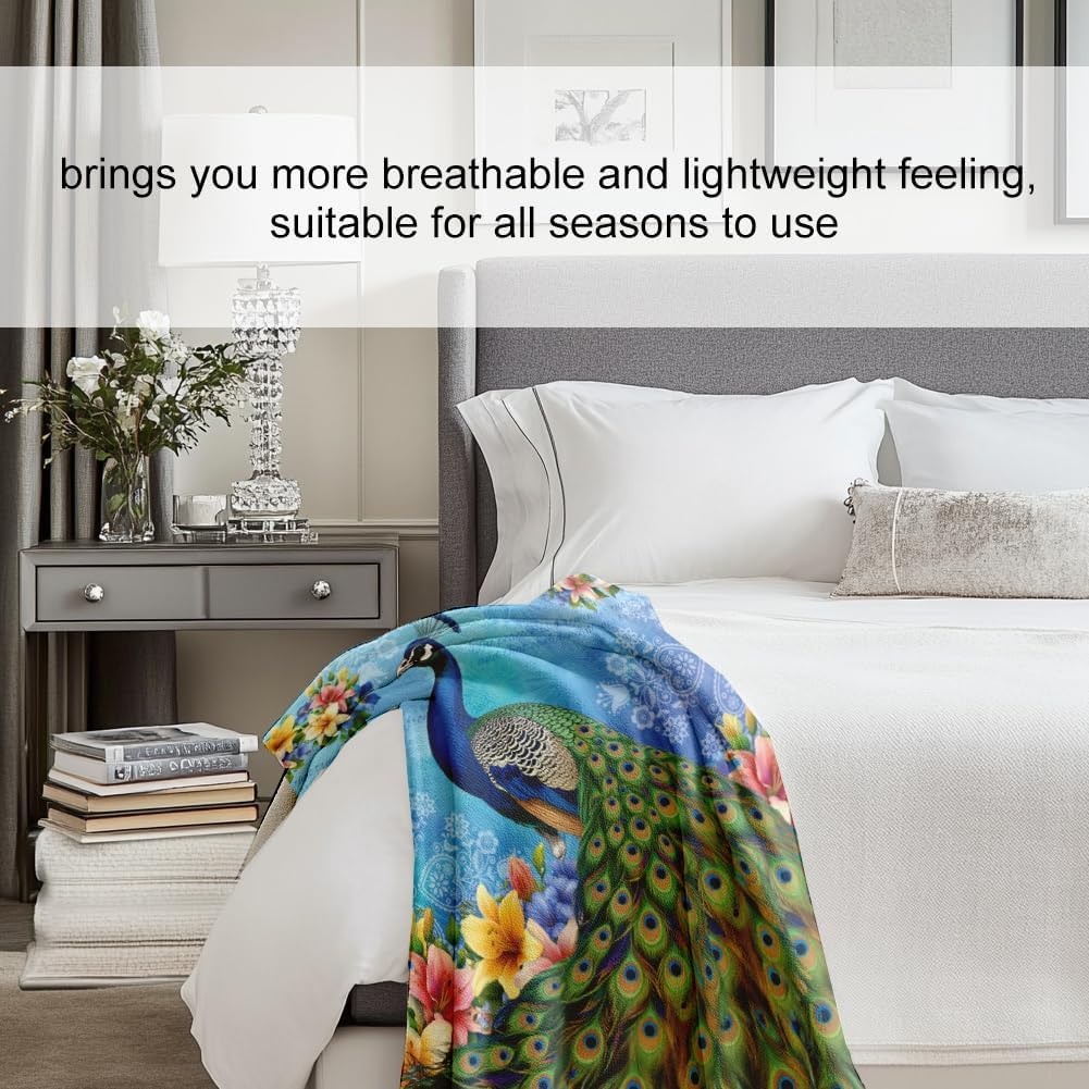 WADORN Vintage Peacock Throw Blanket, 500GSM,Elegant Peacock Floral Cozy Throw Blanket Fuzzy Soft Flannel Fleece Blanket for Home Office Bedroom Living Room Camping Sofa Bed Couch Holiday, 51x59 Inch