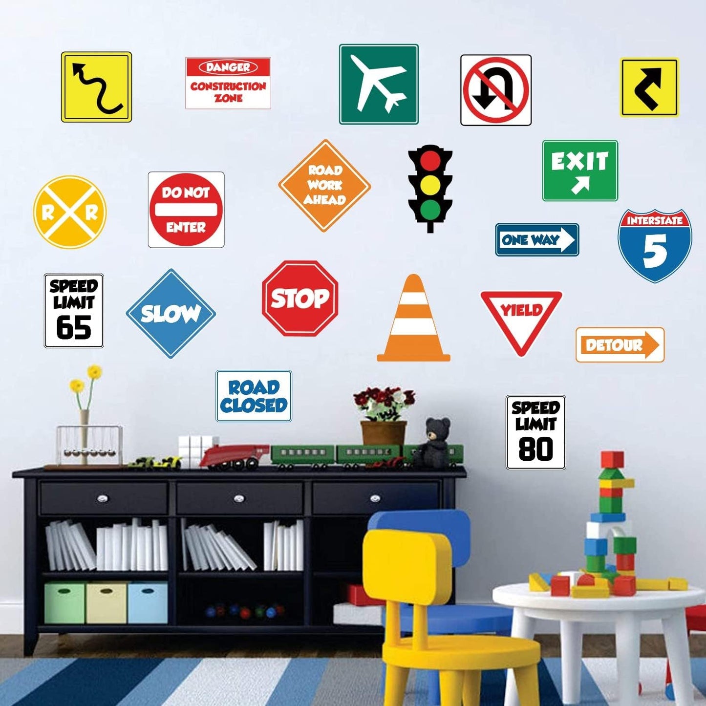 IARTTOP Road Signs Wall Decal Traffic Sign Wall Stickers Stop Street Transportation Signs Vinyl Decals for Kids Bedroom Playroom Decor Road Sign Sticker for Nursery Decoration