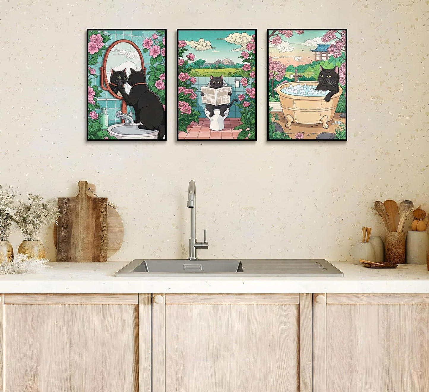 3pcs Funny Bathroom Black Cat Canvas Wall Art Cute Kitten On Toilet Posters Prints Vintage Japanese Cat In A Bathtub And Flowers Pictures Wall Decor for Washroom Bathroom Decoration Unframed