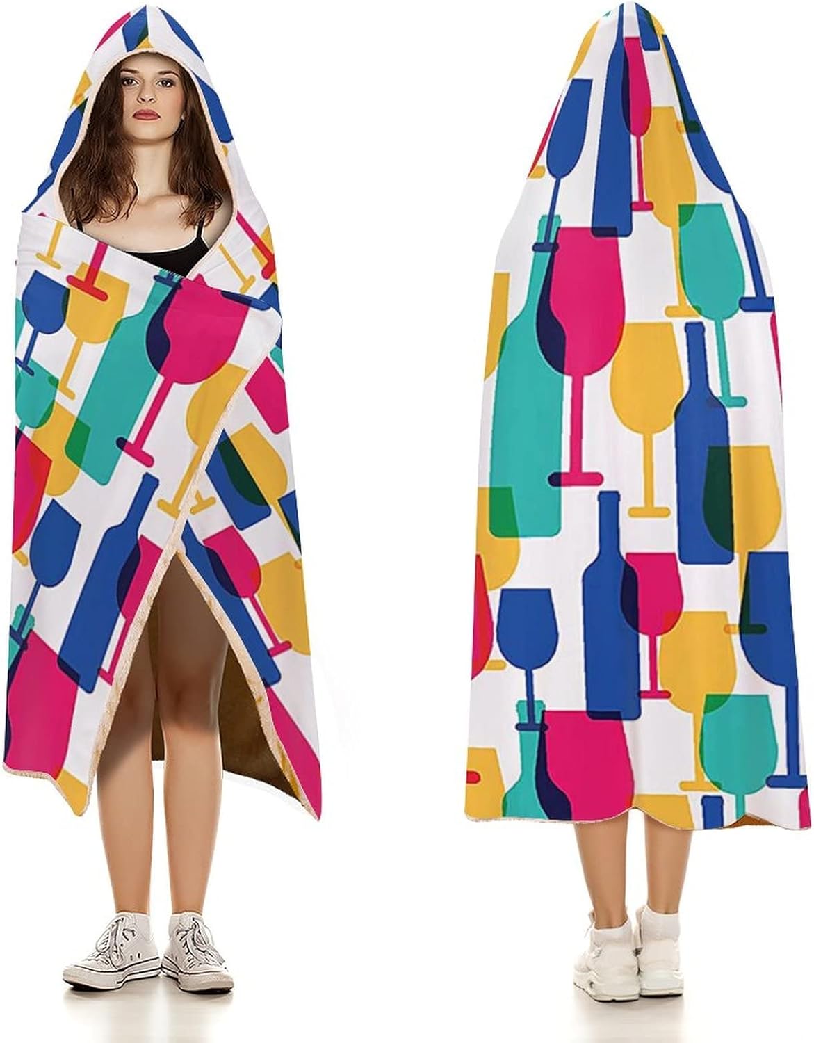 Throw Blankets, Winery Decor Wearable Hooded Blanket for Adults, Cocktail Glass and Wine Bottle Pattern Bar, Soft Warm Cozy, 50 x 60inches, Studying Reading Snuggling Napping Office, Magenta Navy