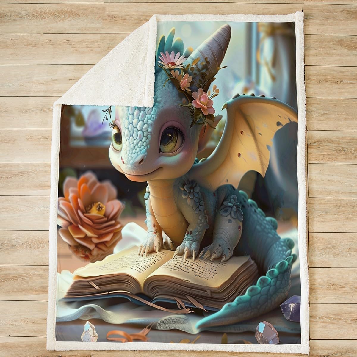 Cartoon Dragon Blanket Fantasy Western Animal Throw Blanket for Kids Wild Daisy Flower Sherpa Blanket Cute Dragons Twin 60x80 Inch Living Room Decor Blanket