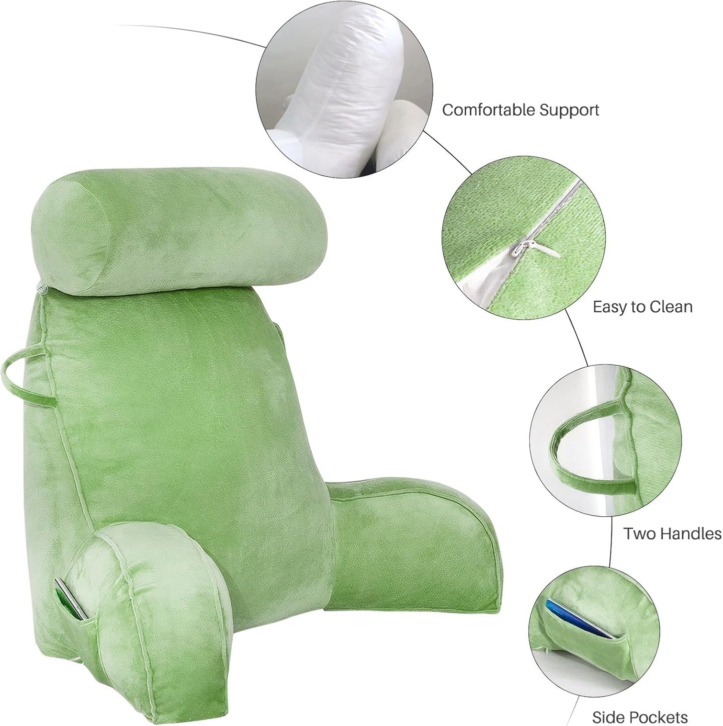 ele ELEOPTION Reading Pillow Velvet Feel Back Pillow for Bed Sitting up, Support Pillow for Bed Rest Pillow with Arms Reading Pillows for Sitting in Bed Adult Green