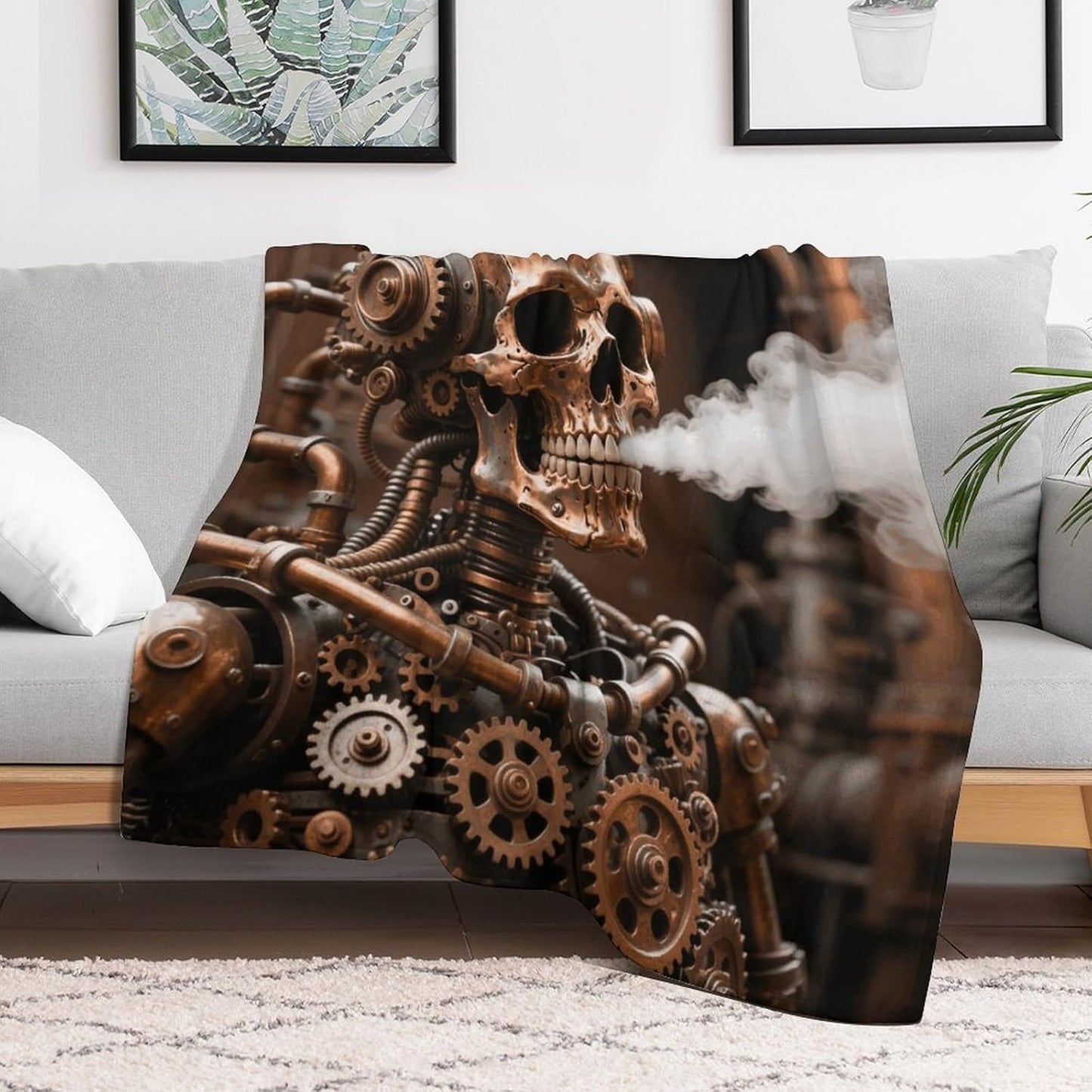 Custom Flannel Fleece Throw Blanket for Adults 40x50 Lightweight Steam - Punk Metal Skull Bedtime Blanket Soft Warm Blankets for Bed Couch Sofa Camping Picnic Wedding Gift Winter Home De