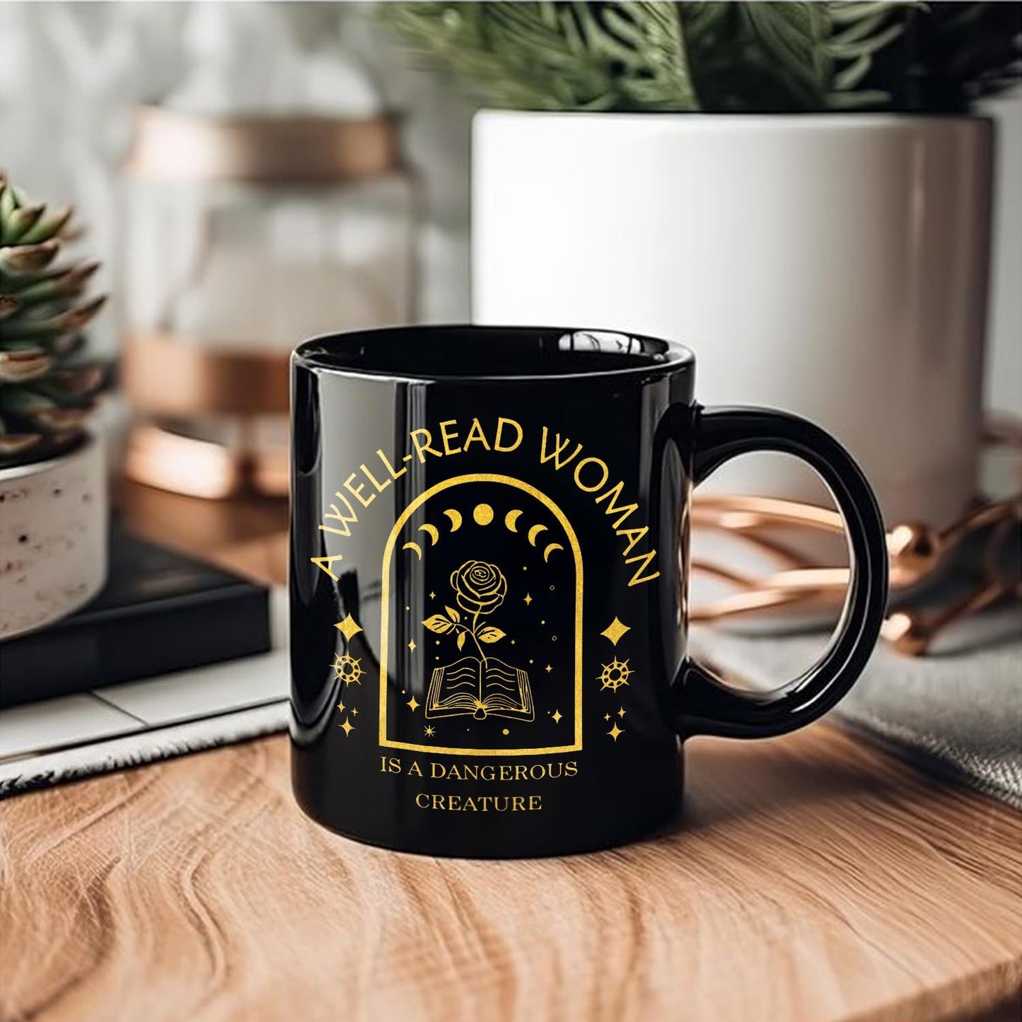 Witchy Moon Phase Floral Book Coffee Mug, Book Mugs for Books Lovers, Bookish Reader Librarian Gifts, Dark Academia Bookish Ceramic Coffee Tea Cup Mug 11oz