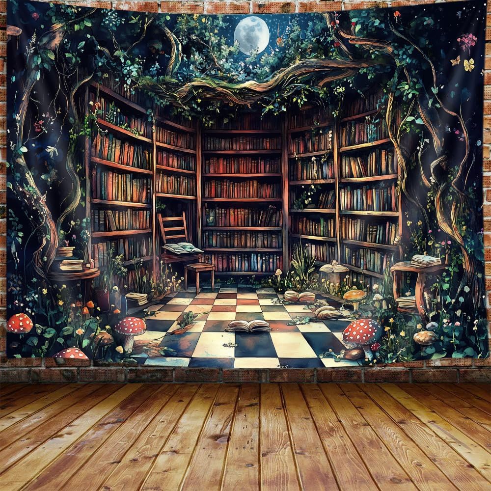 JAWO Fantasy Forest Tapestry Aesthetic, Witchy Fairy Mushroom Moon Vintage Library Nature Tapestry Wall Hanging for Bedroom, Dark Retro Magical Bookshelf Tapestries Poster Dorm Home Decor 90X70Inches