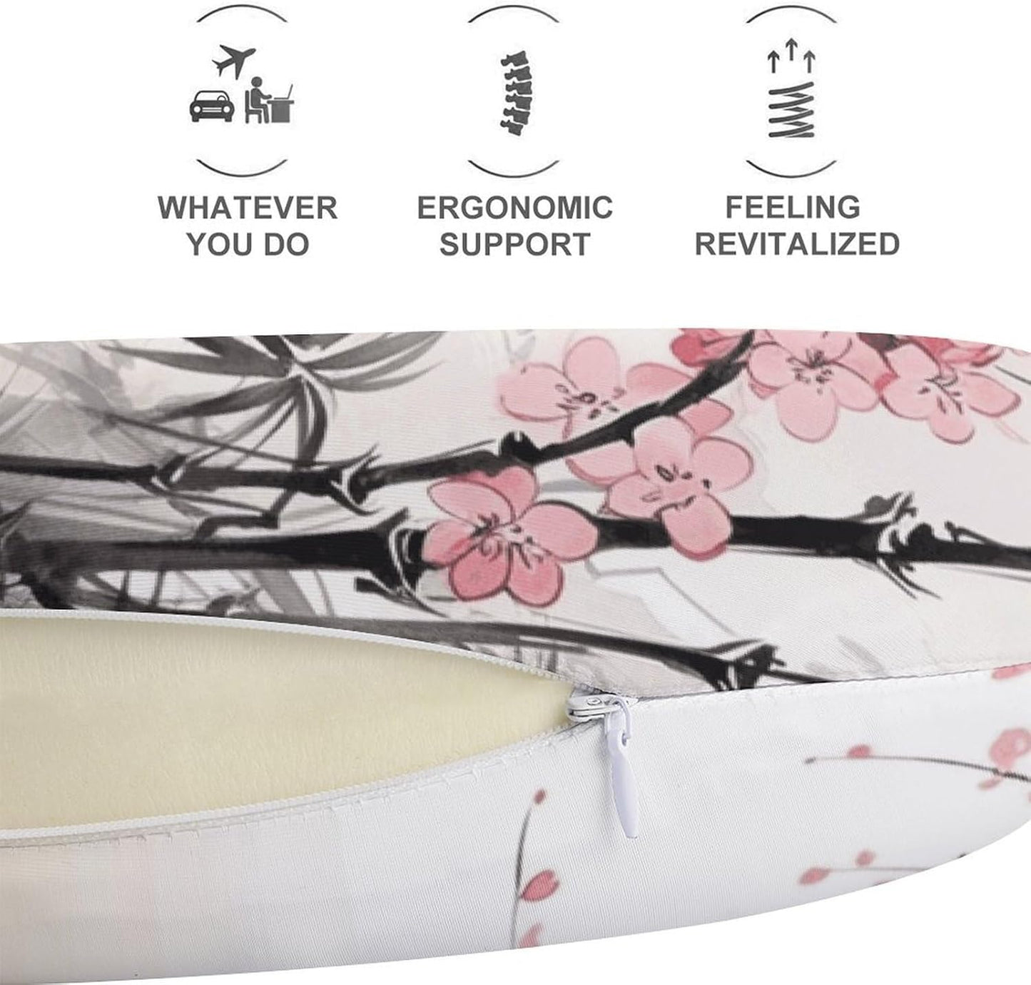 Bamboo and Cherry Blossoms Tree Zen Neck Pillow Memory Foam U Shaped Pillows Portable Pillows for Shoulder Travel Head Support Pillow with Concealed Zipper for Airplane Car Home Office