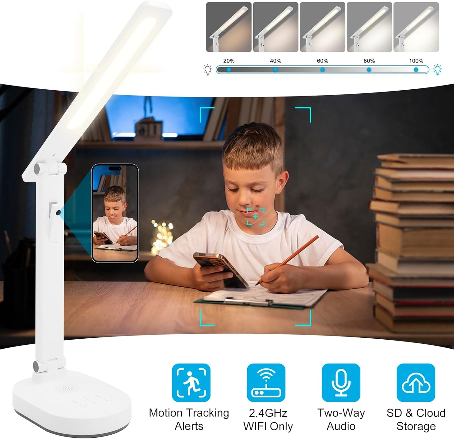 Smart Desk Lamp for Kids with 1080P Security Camera, 2-Way Audio, Desk Lamps for Home Office with Stable Base and 5 Lighting Modes, Table Lamp for Study with security camera for Work, Reading