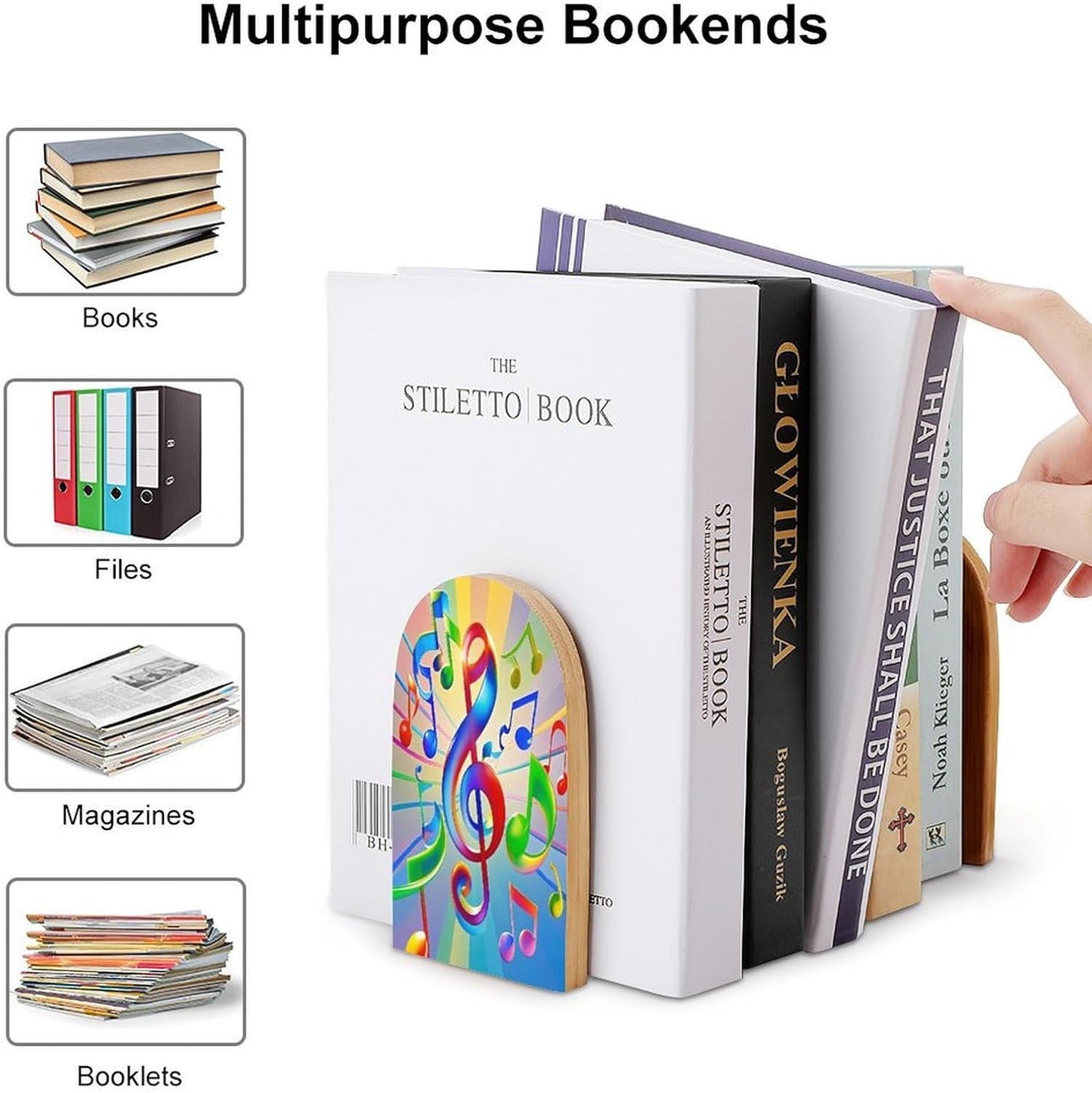 Colorful Music Bookends 1 Pair Heavy Duty Book Ends for Shelves Non-Skid Bookend Supports Wooden Book Holders with Metal Base Desk Organizers Books Storage to Hold Books