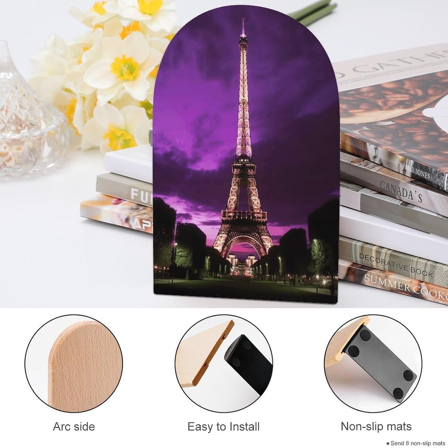 Purple Eiffel Tower Bookend for Shelves Wooden Book End Large Size Sturdy Book Holders Stoppers with Metal Base for Bookshelves Slick Decorative Bookends Stands