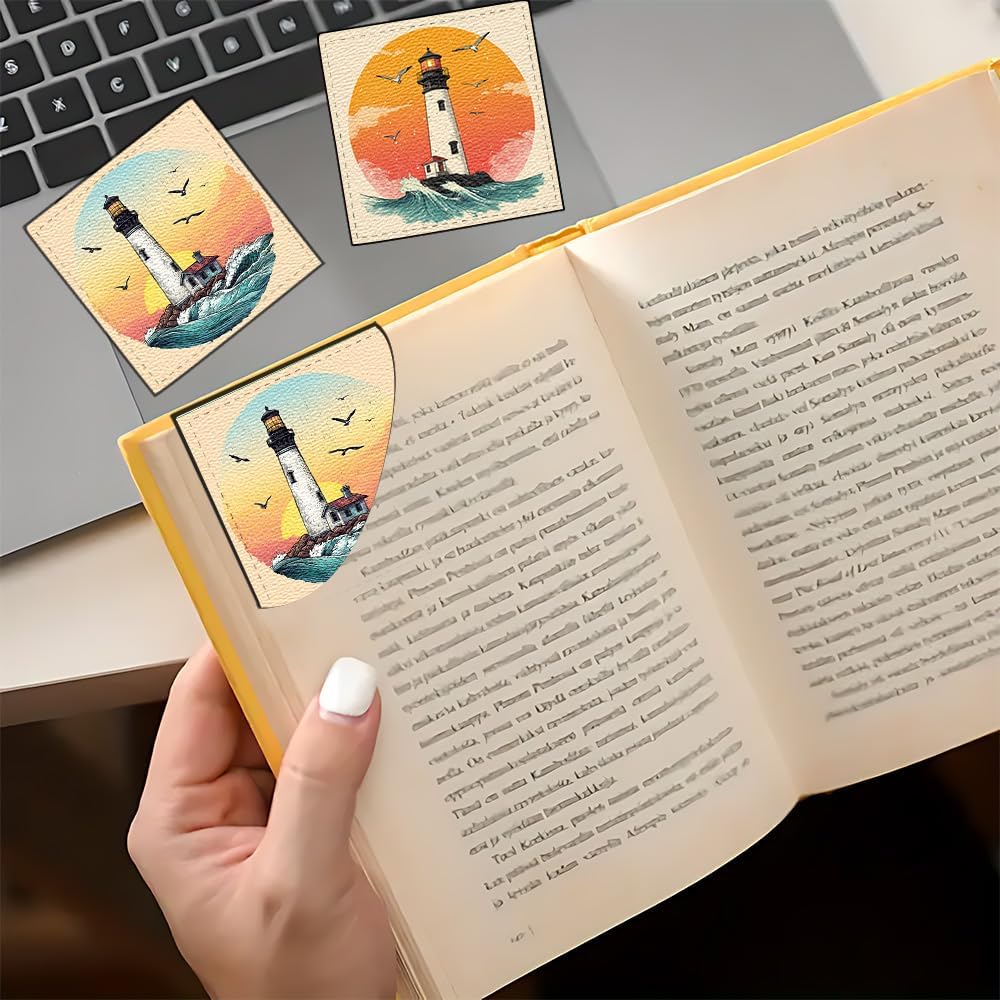 2 PC Bookmark Set, 3.54 x 3.54 Inch Lighthouse Ocean Sunset Design Reading Page Marker with Seagull and Wave Pattern for Students, Teachers and Book Lovers