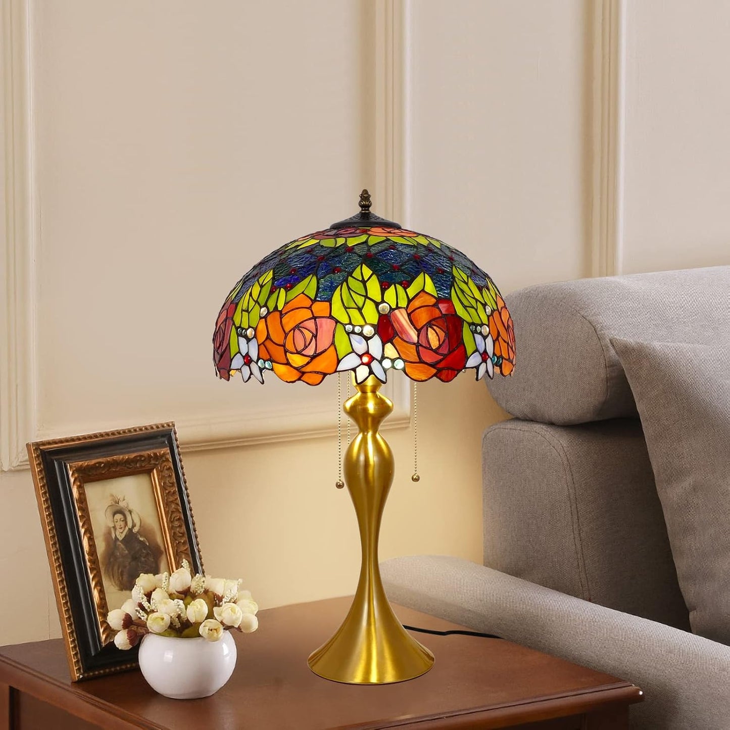 Tiffany Table Lamp Handmade Stained Glass Desk Lamps Gifts Iron Art Base 16" Wide 24" Tall Double Color Roses Style Vintage Reading Lamp for Office, Living Room, Bedroom, Study Room