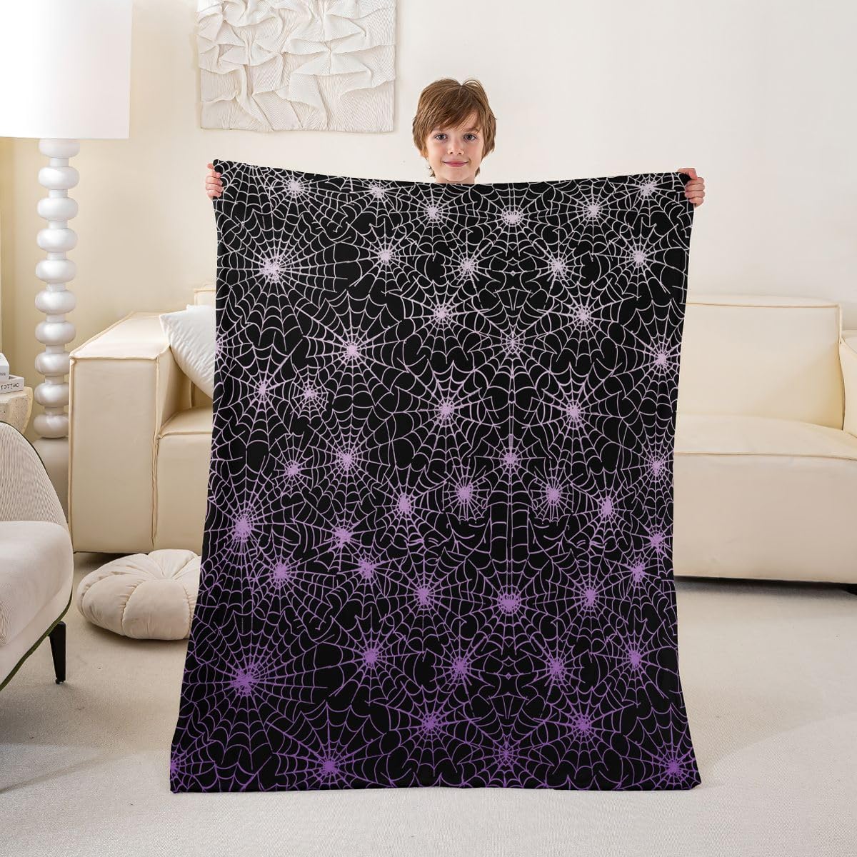 Spider Web Queen Inch Halloween Throw Fleece Blanket Geometric Stripes Lines Fuzzy for Adults, Purple Ombre Microfiber Bedroom Decor, Black White