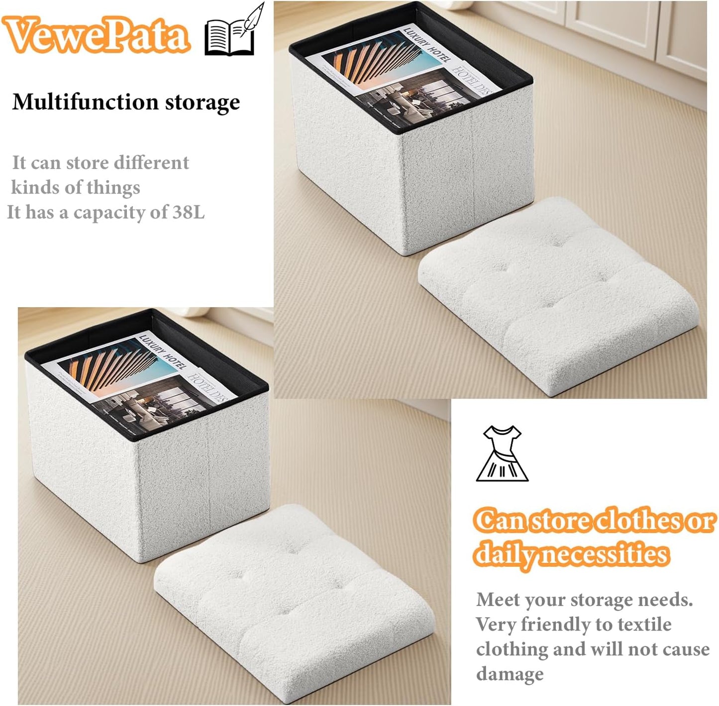 Storage Ottoman Foot Stool,Faux Teddy Tufted Foot Rest, Space Saver Chair with Storage,Ergonomic Stool for Bedroom/Living Room/Desk/Office (White, 17" D x 13" W x 13" H)