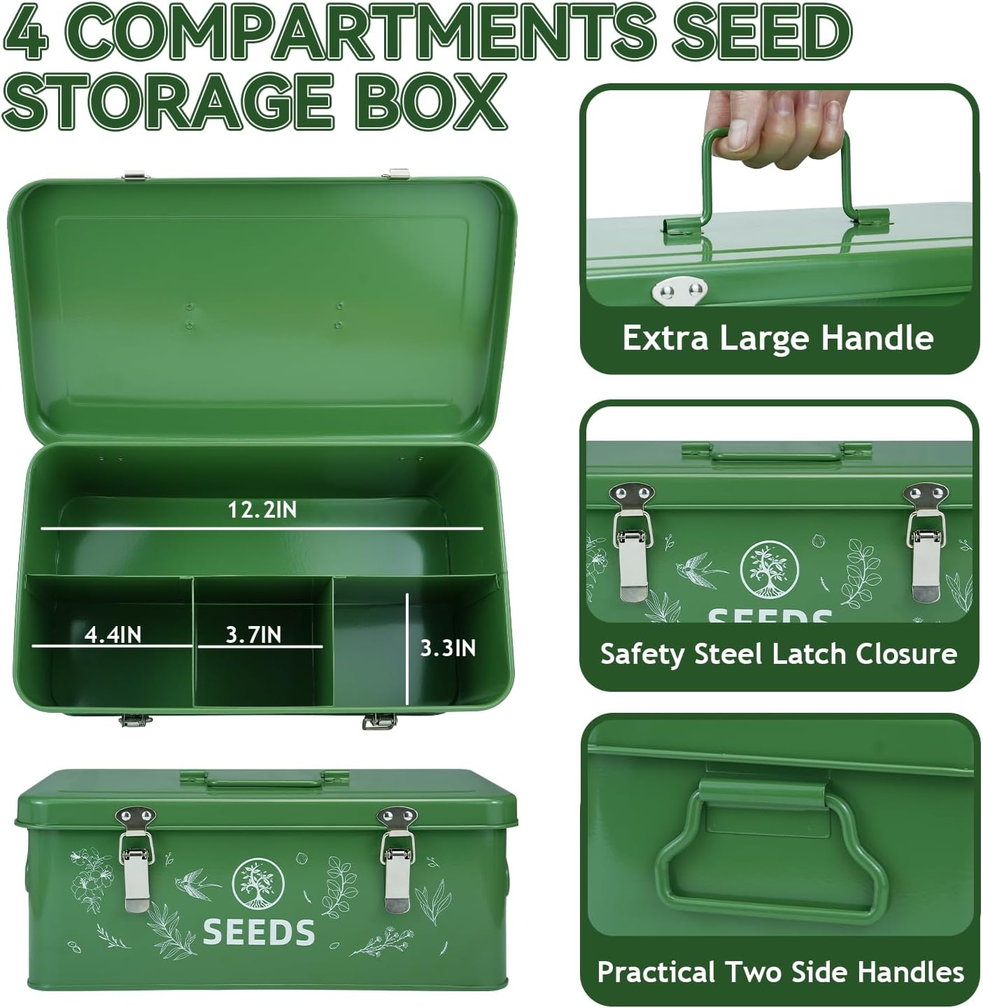 Seed Storage Box, Seed Storage Organizer with Garden String, 30 Seed Envelopes and Bamboo Plant Labels, 4 Compartments Garden Seed Organizer Box with Safety Locks, Dark Green