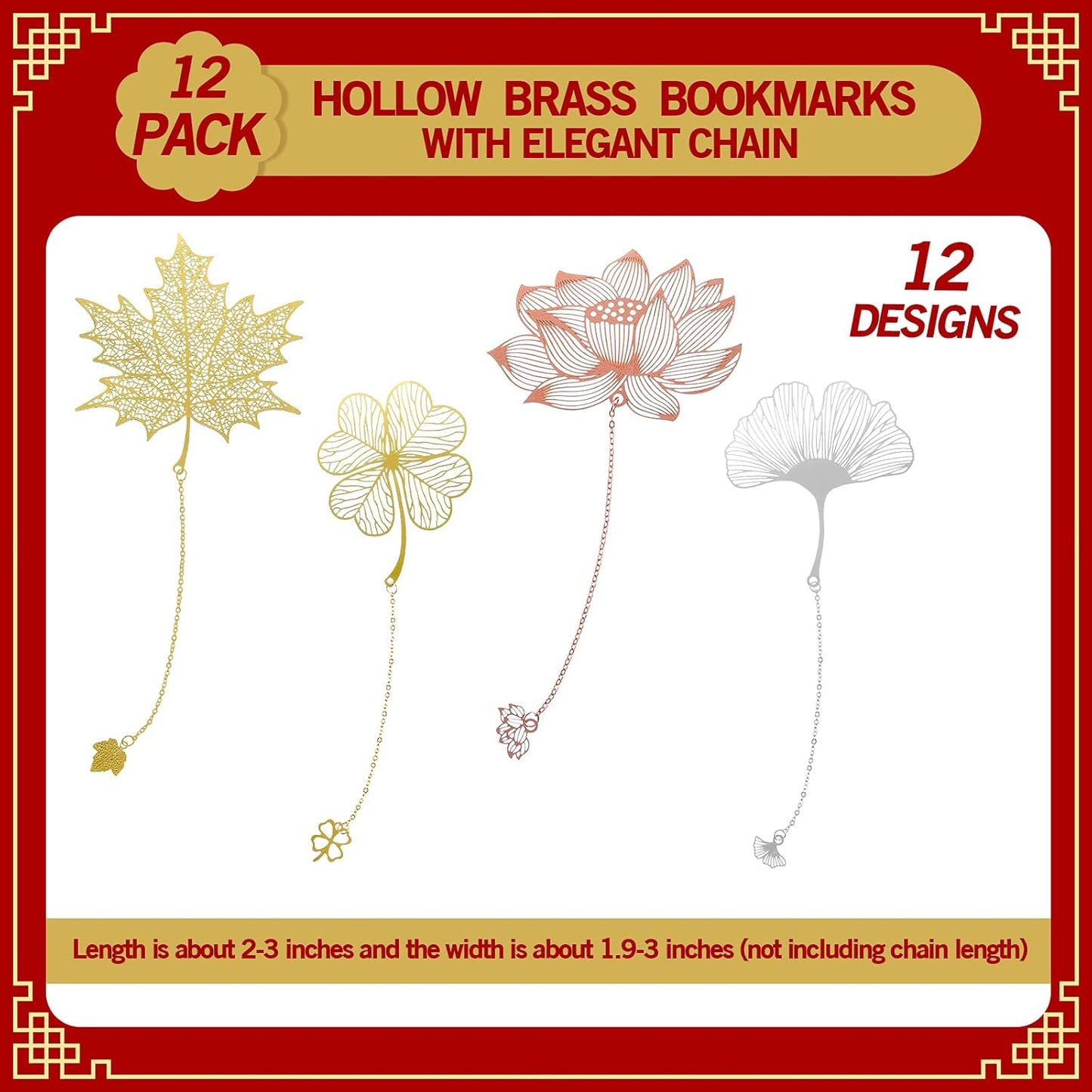12 Pieces Metal Bookmarks with Chain for Women Metal Leaf Bookmark for Book Lovers Writers Readers Children Teens Adults Gold Silver and Rose Gold(Chain Style)