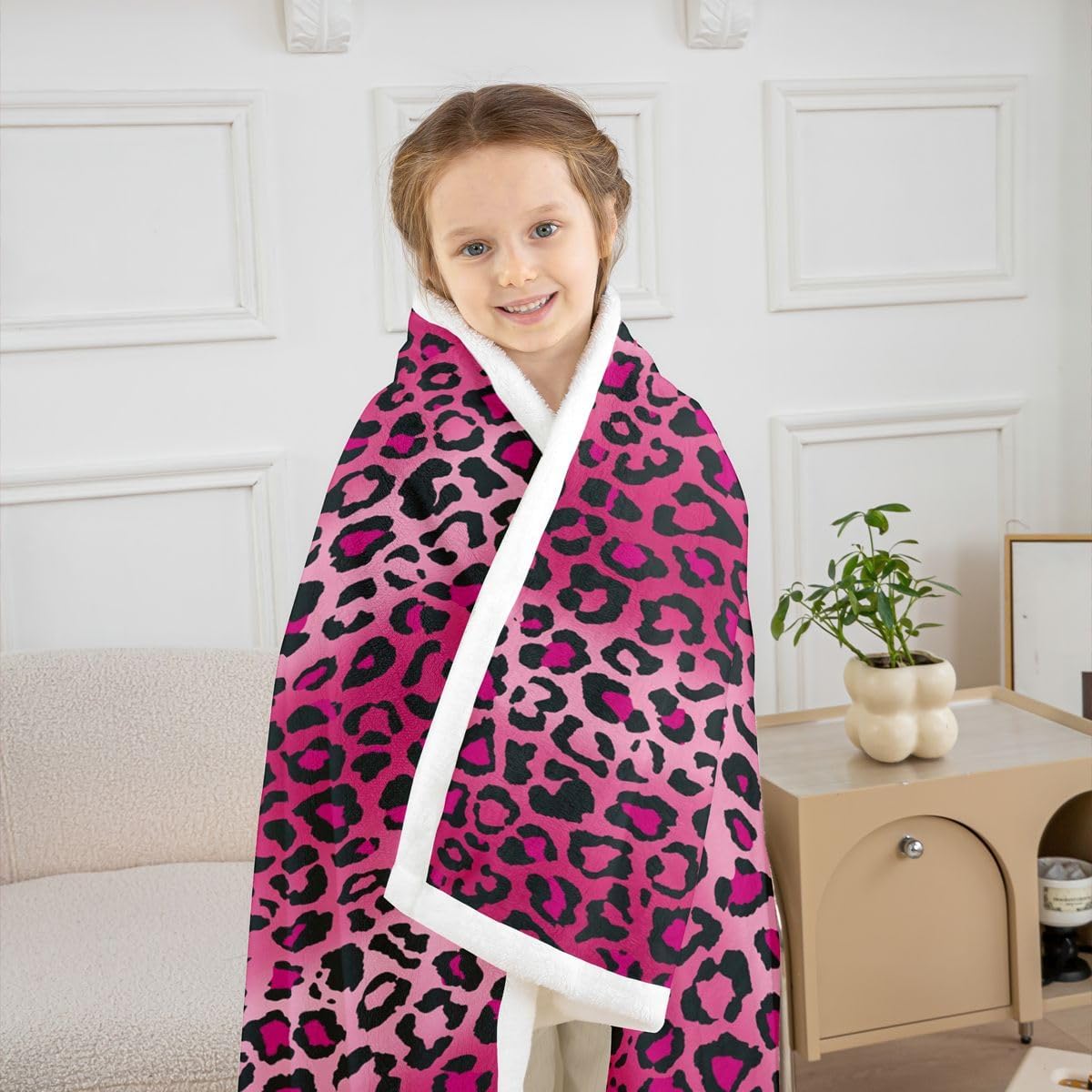 Feelyou Leopard Print Sherpa Blanket, 50x60 Inch, Pink, Animal Print, Microfiber, Throw Blanket, Modern, Unique Design, Multi-purpose, Heavy Weight, Suitable for Reading, Napping, Camping, Travel