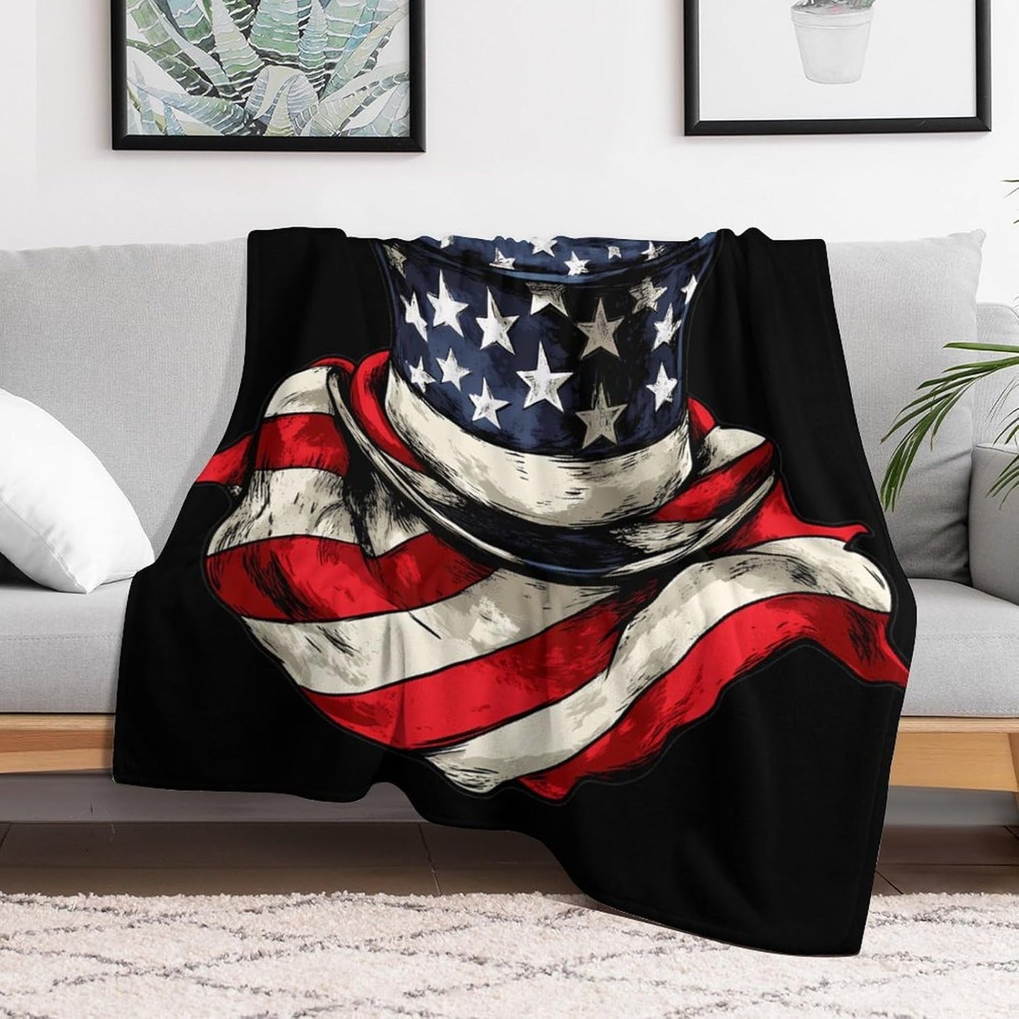 U.S.A. Flag Scarf Top Hat Throw Blanket Fleece Blankets Soft Flannel for Couch Bed Pet Decorative Warm